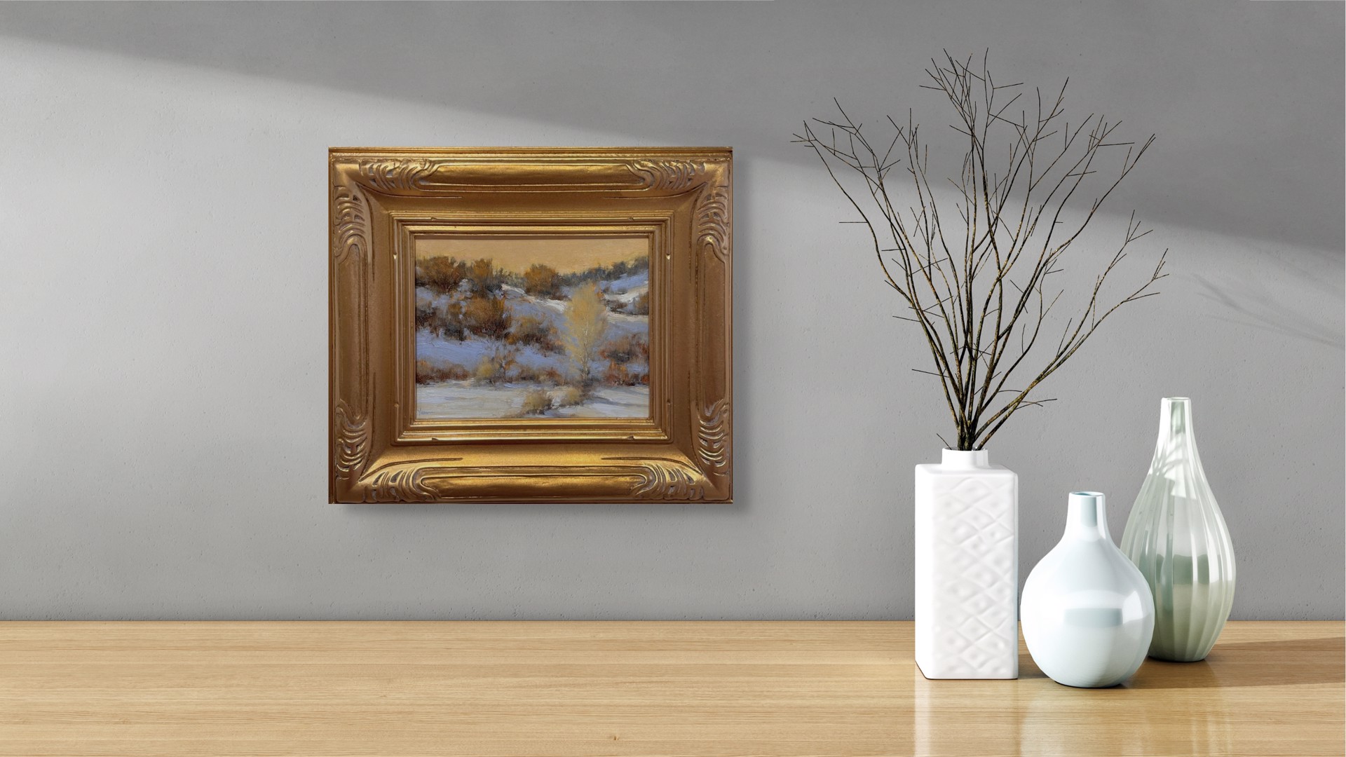 A winter landscape painting capturing a snowy hillside under a warm, golden sky.