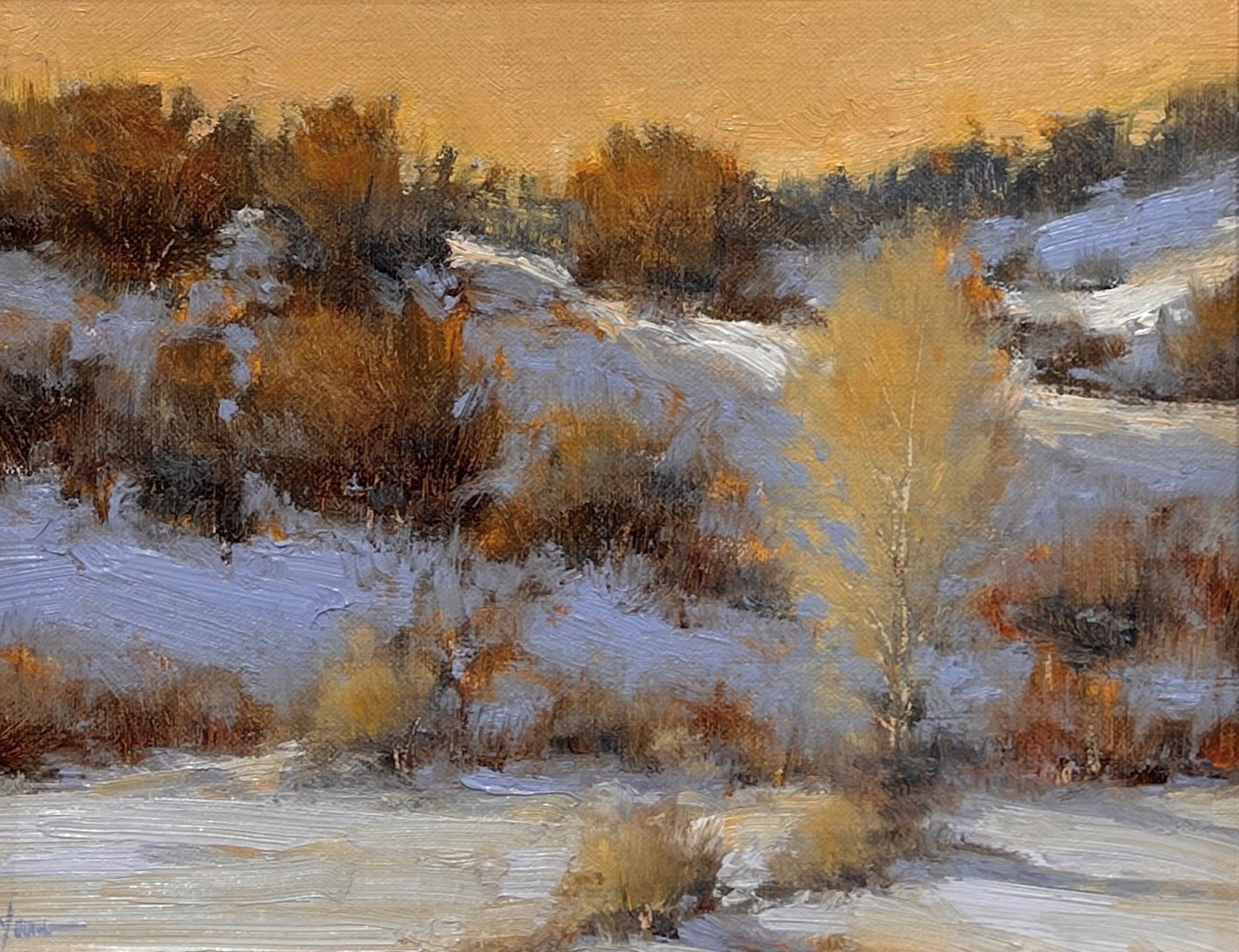 A winter landscape painting capturing a snowy hillside under a warm, golden sky.