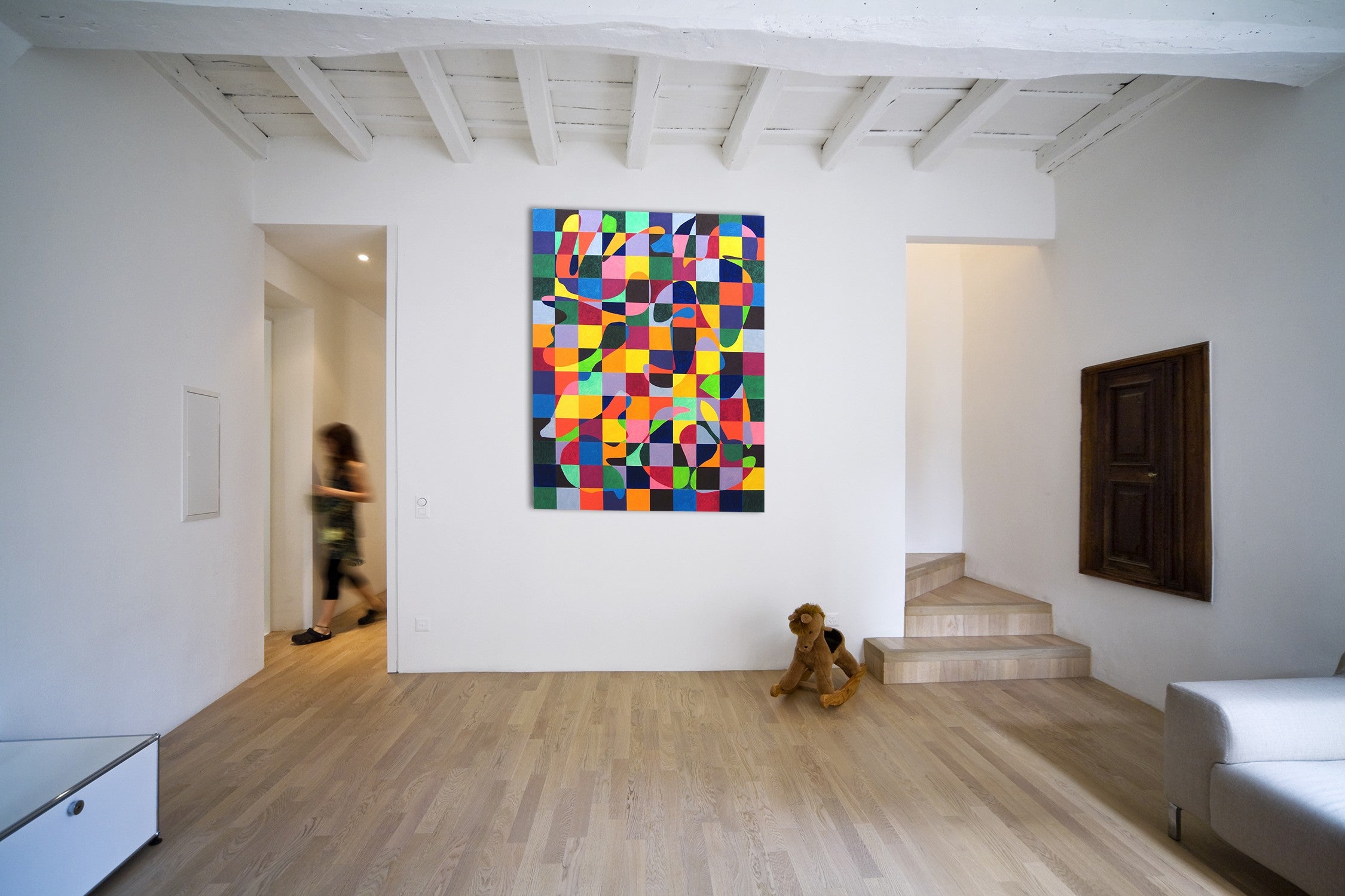 A colorful abstract painting on a white background.