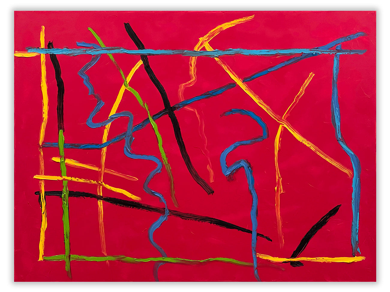 A red painting with blue, yellow, and red lines on it.