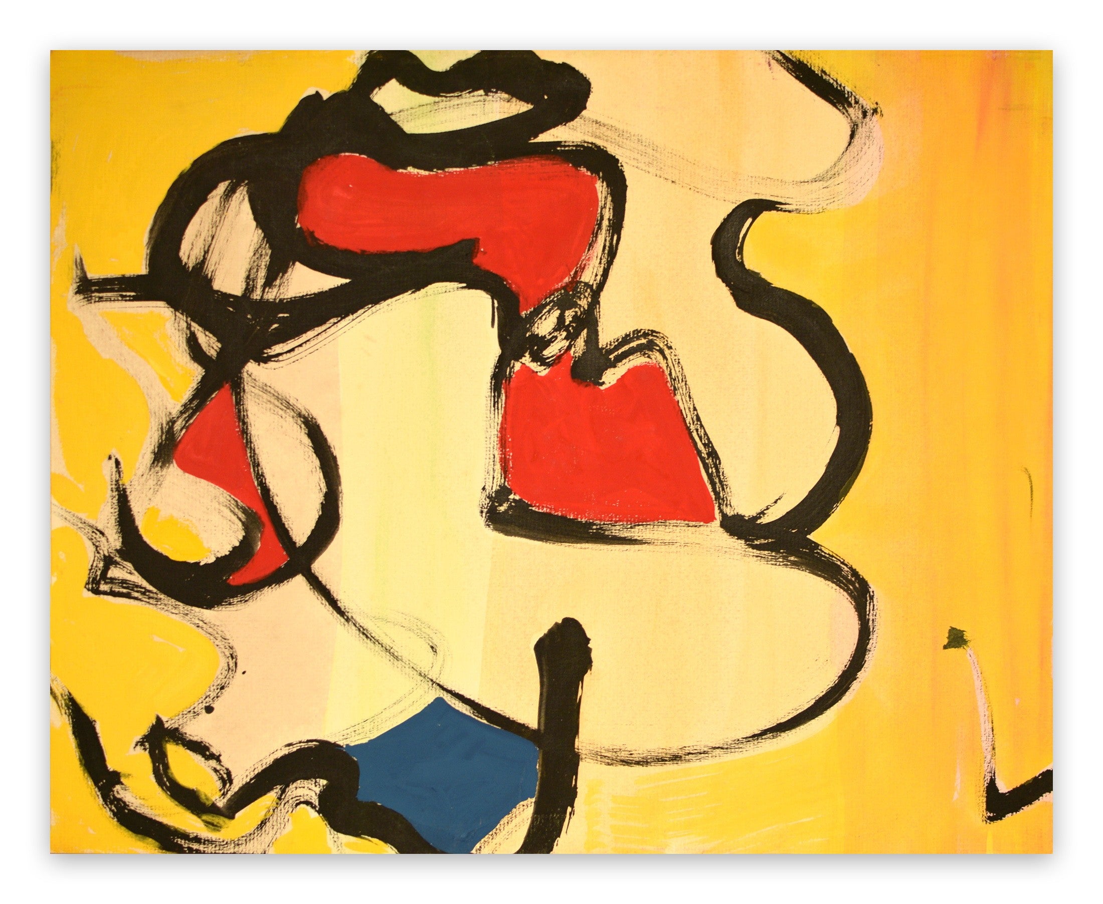 A painting of a yellow background with red, black, and blue shapes.