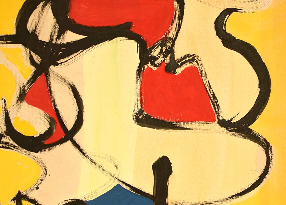 A painting of a yellow background with red, black, and blue shapes.