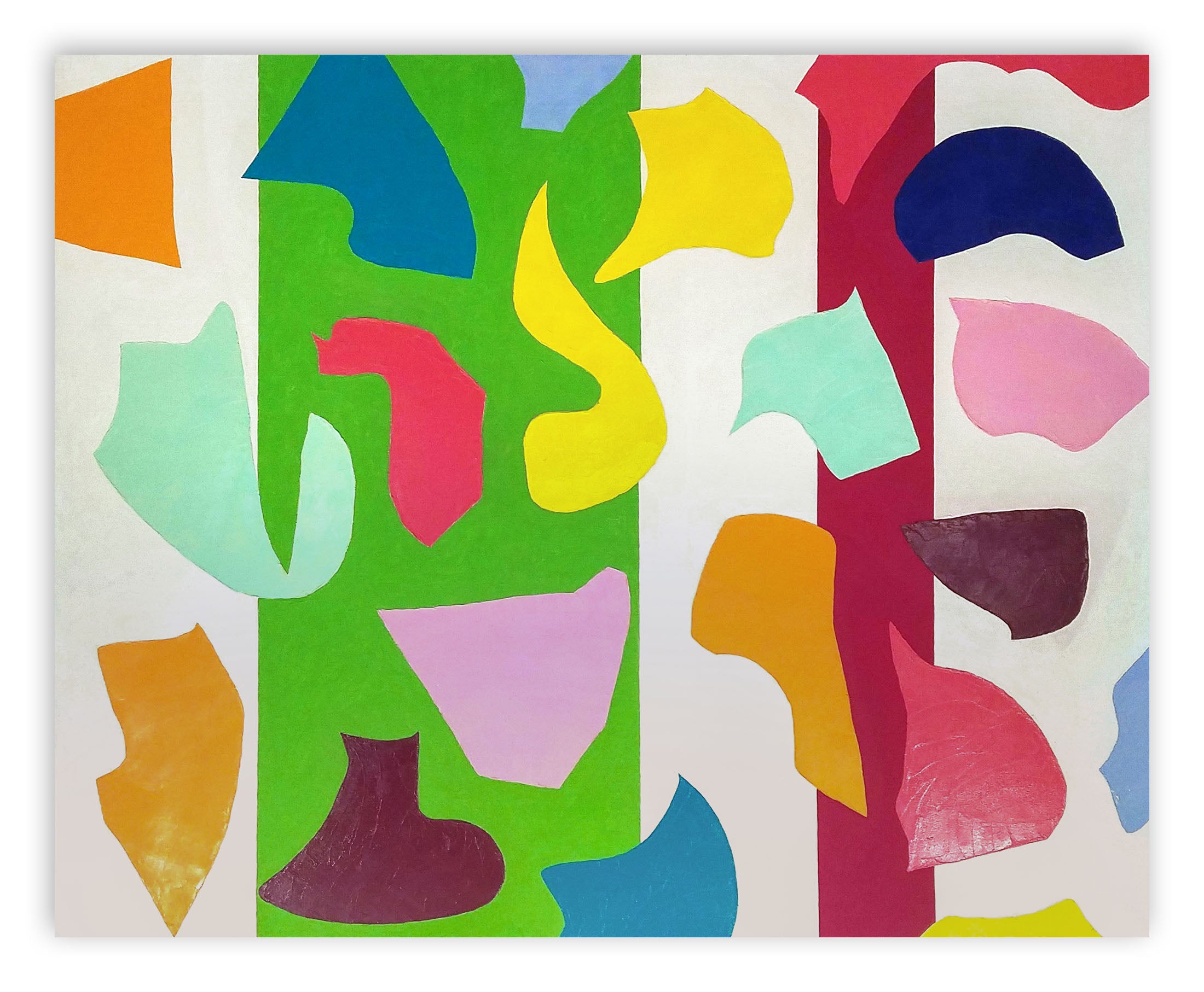 A painting of colorful shapes on a white background.