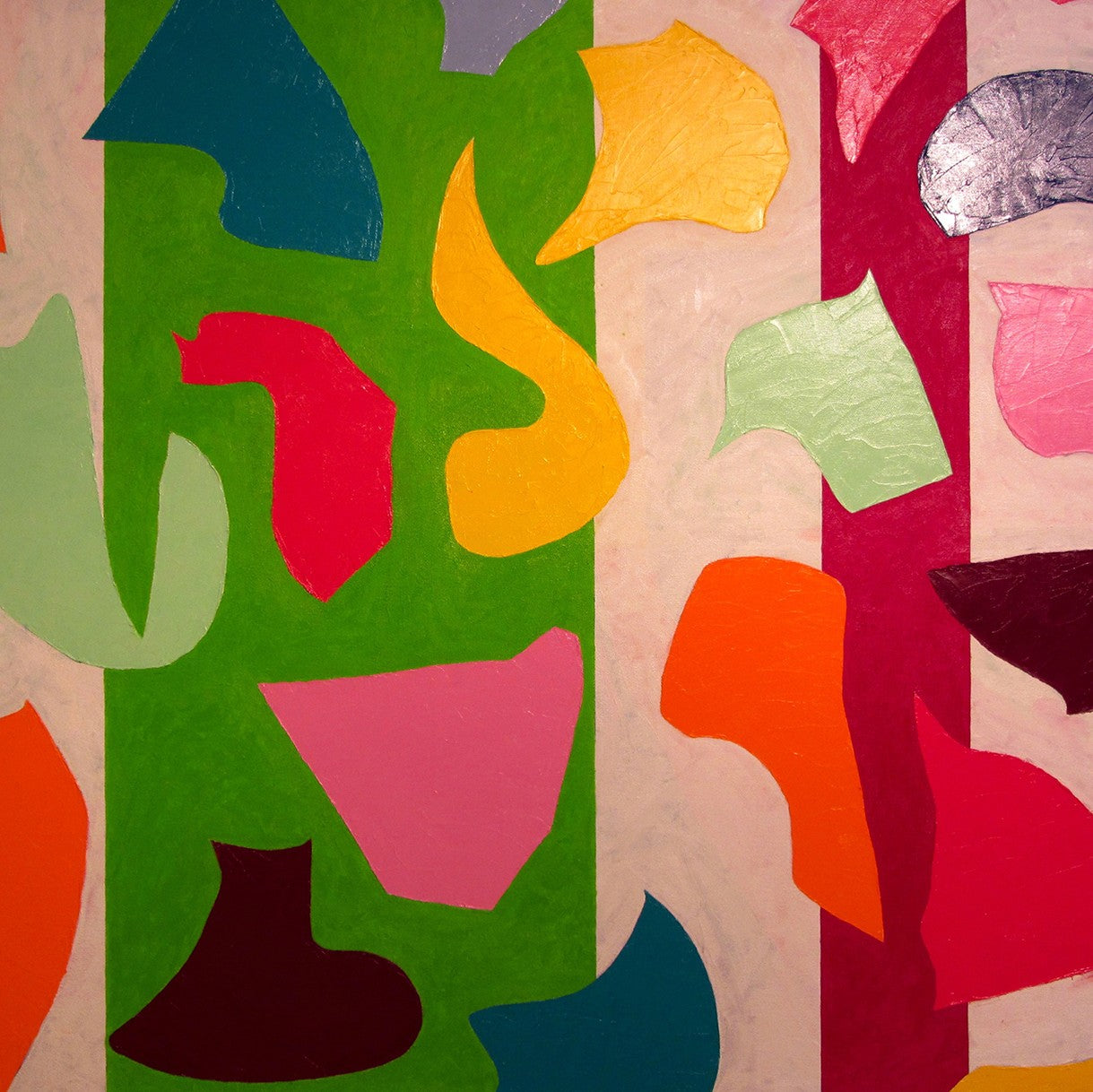 A painting of colorful shapes on a white background.
