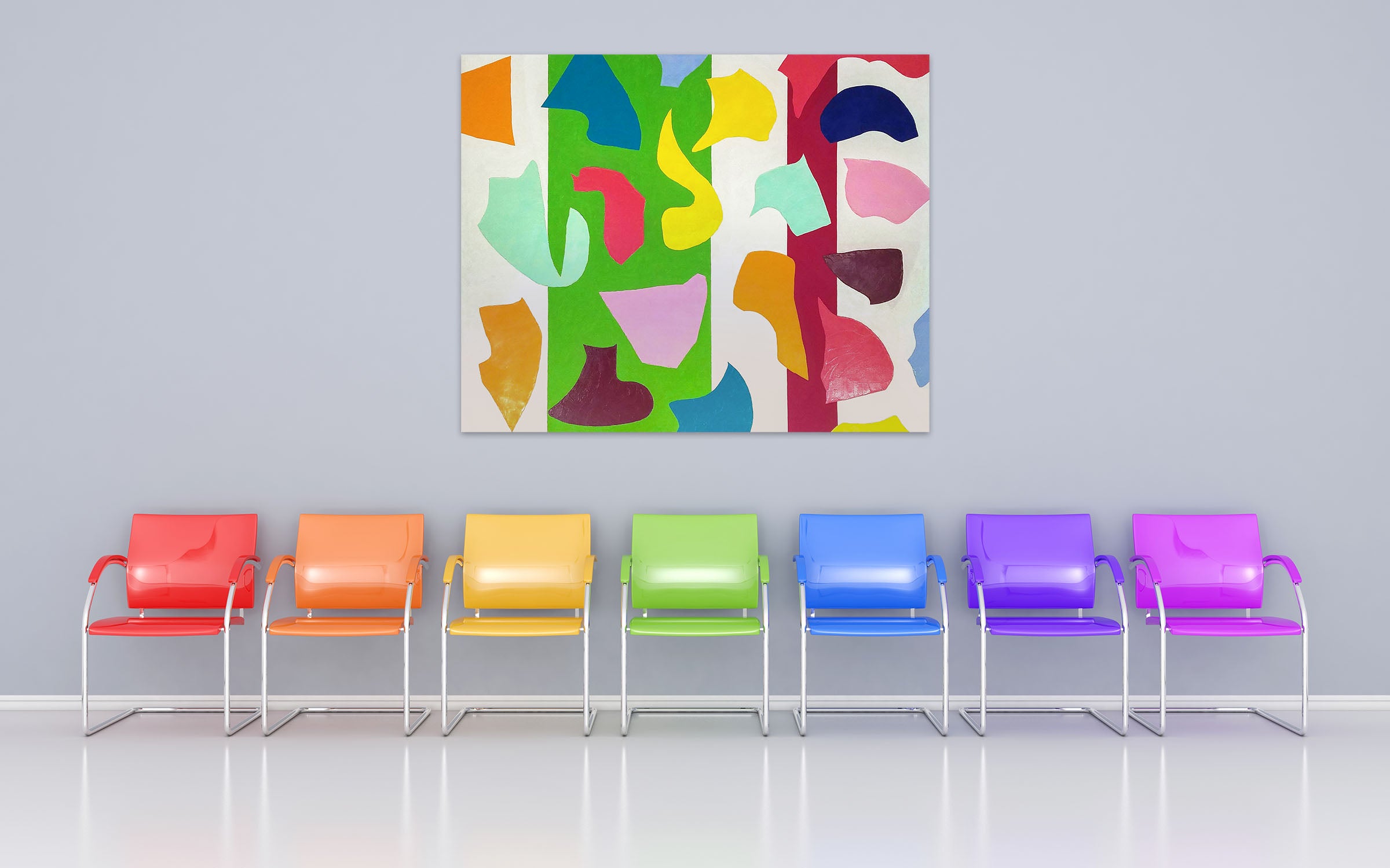 A painting of colorful shapes on a white background.