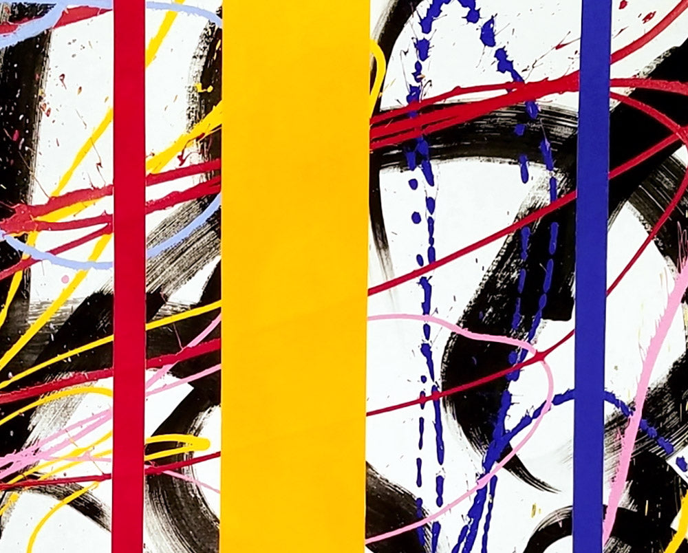 A painting on a white wall with a yellow stripe.