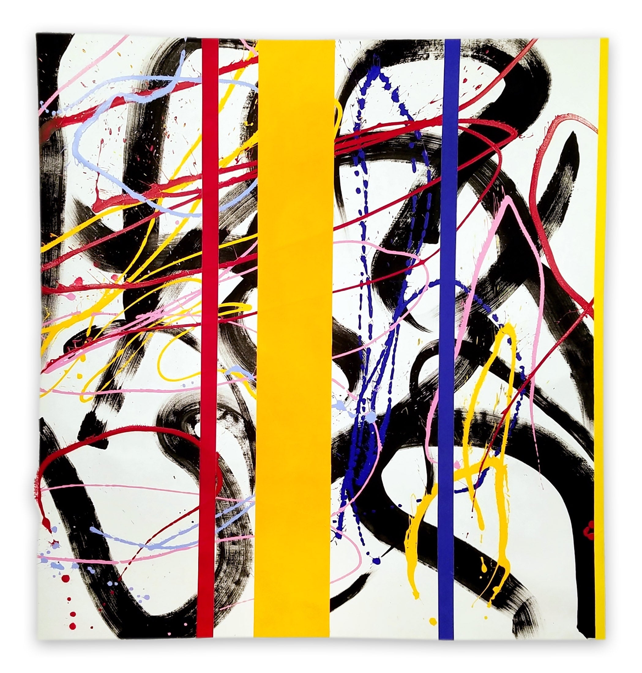 A painting on a white wall with a yellow stripe.