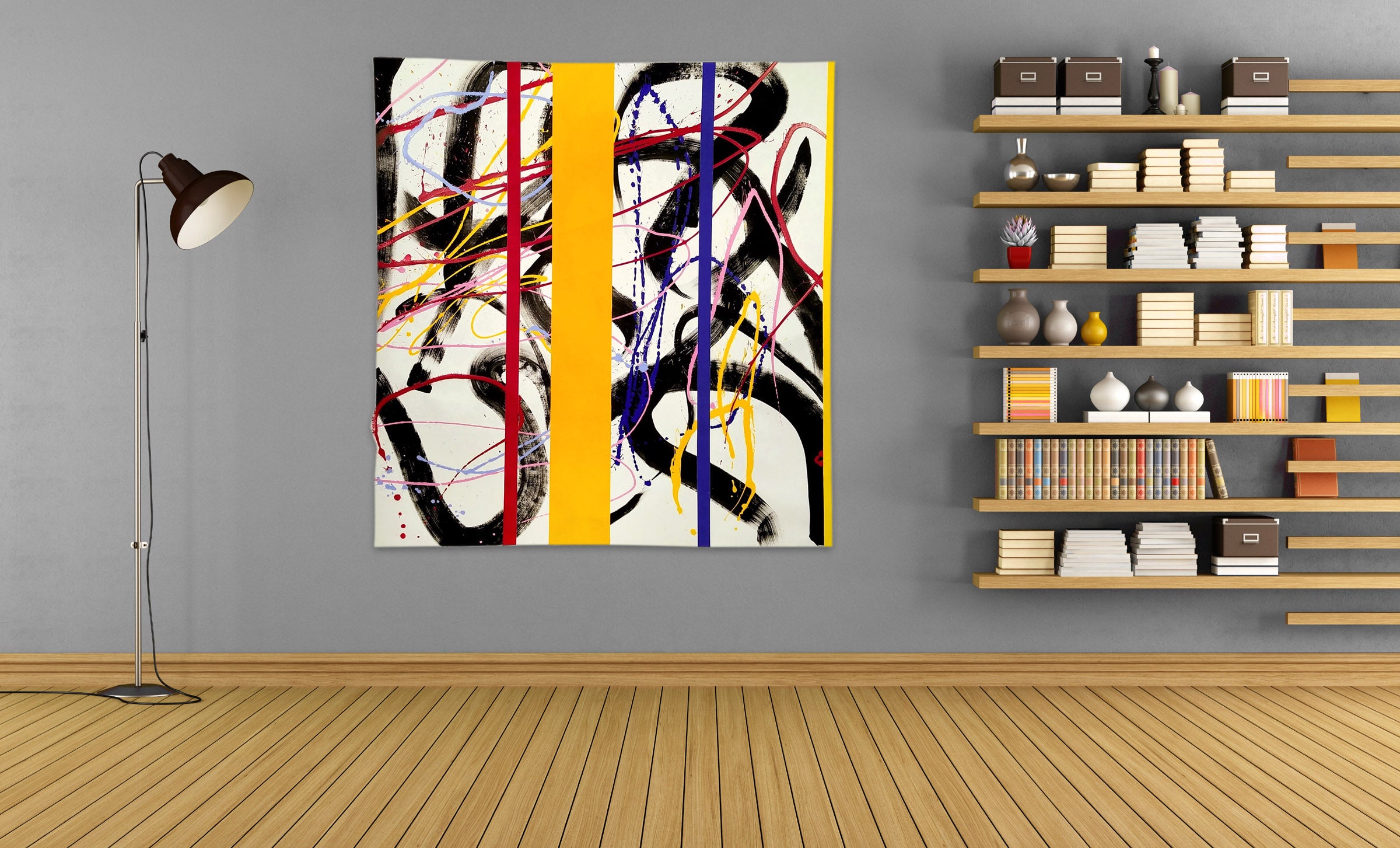 A painting on a white wall with a yellow stripe.