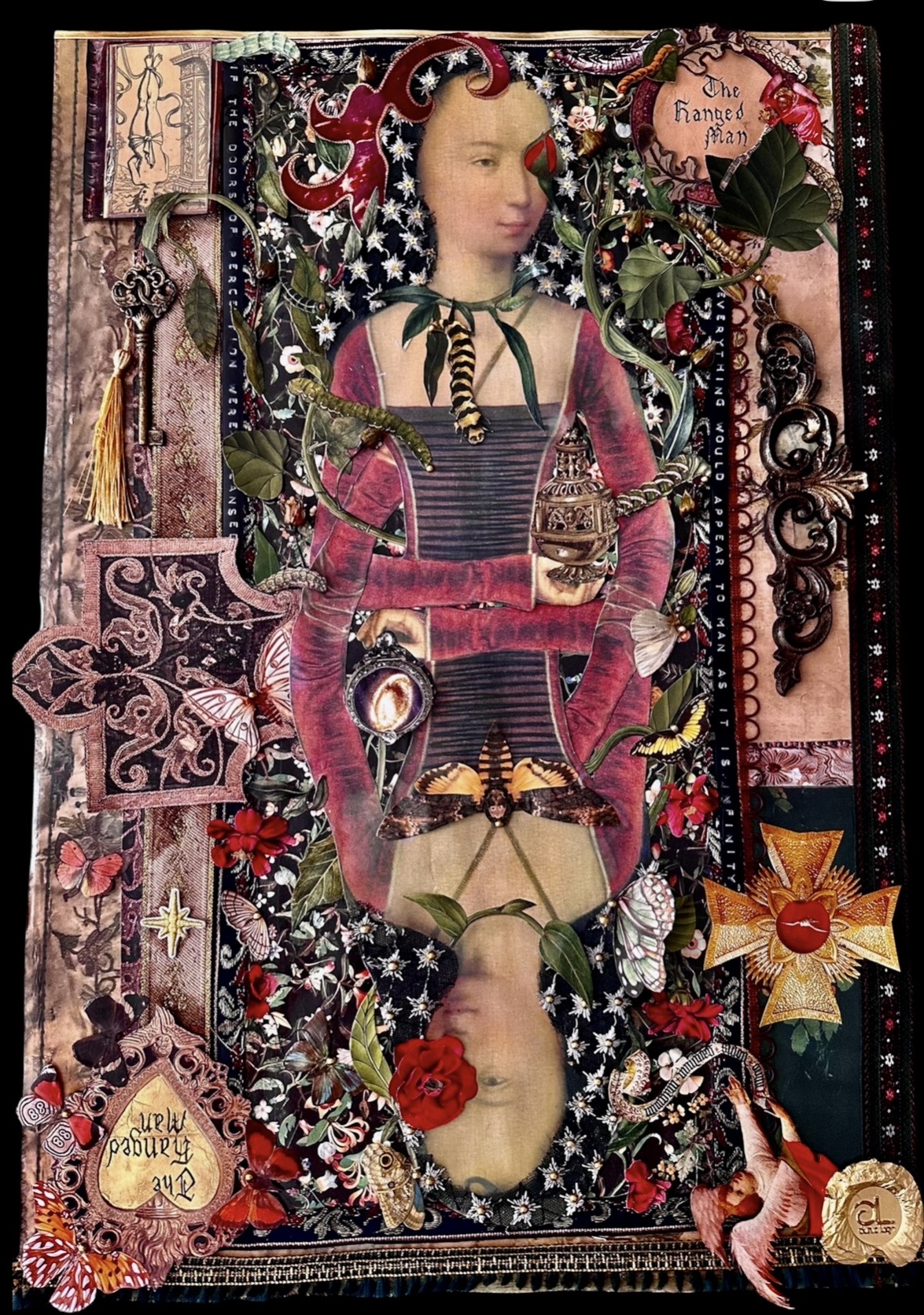 A surreal, collage-style portrait of a figure surrounded by ornate symbols and floral elements.