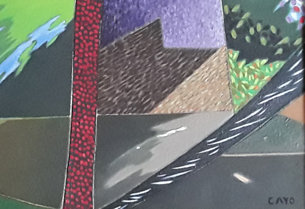 A painting of a street scene with a building in the background.