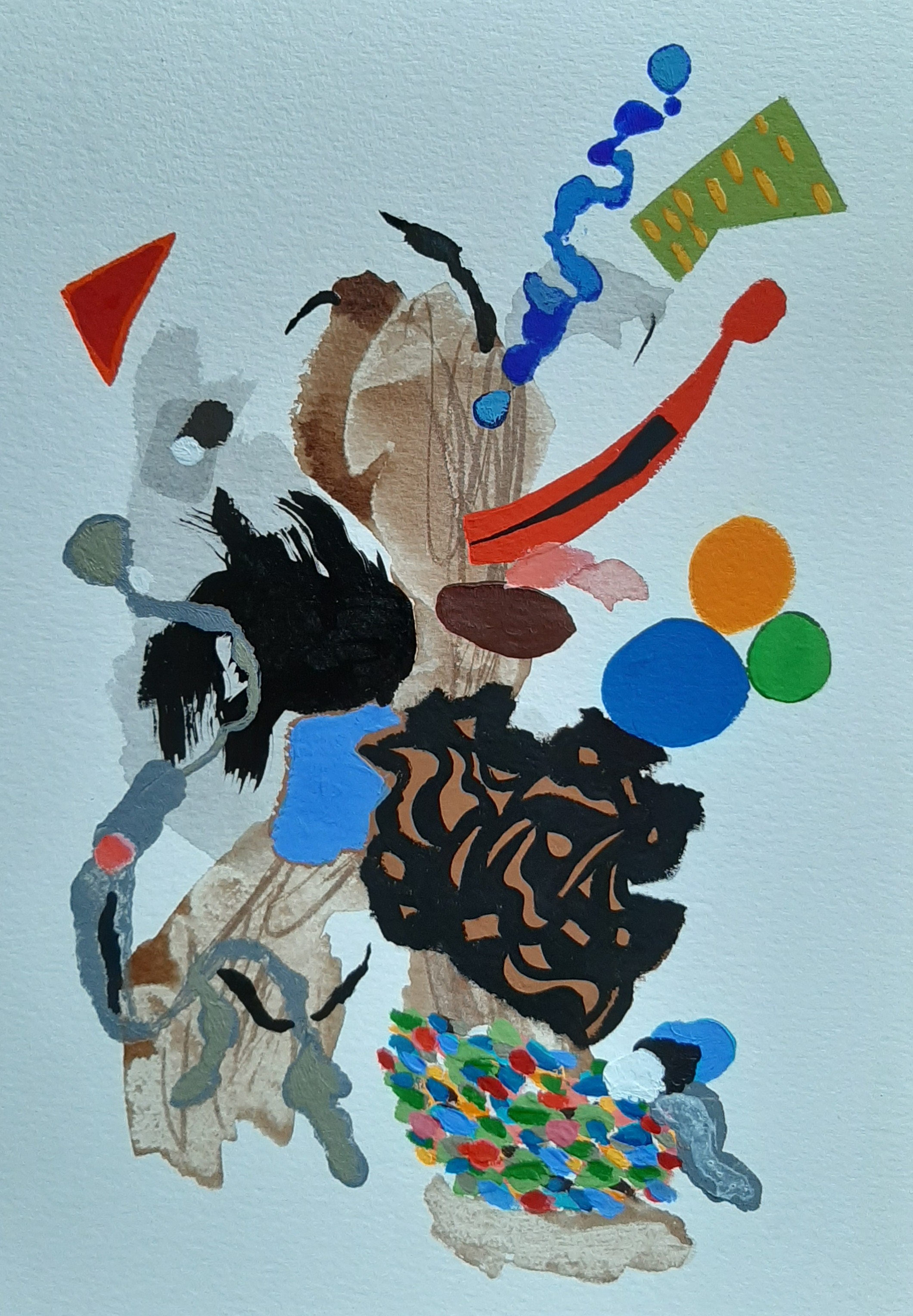 A painting of a woman surrounded by various objects on a blue background.