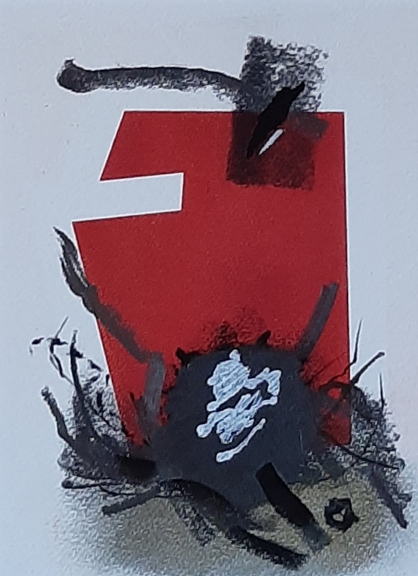 A red and black painting of a number three on a white background.