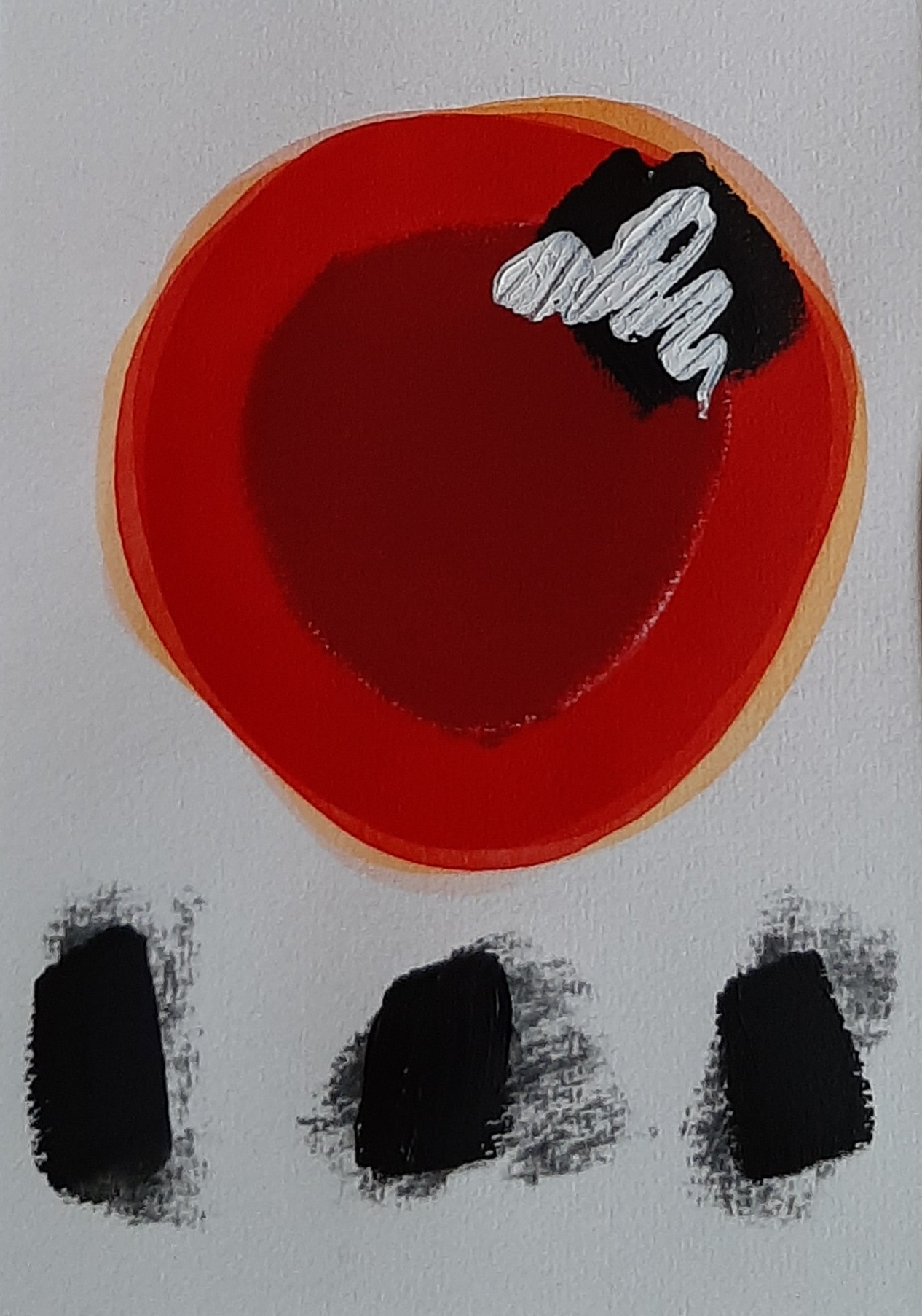 A painting of a red circle with black dots on it.