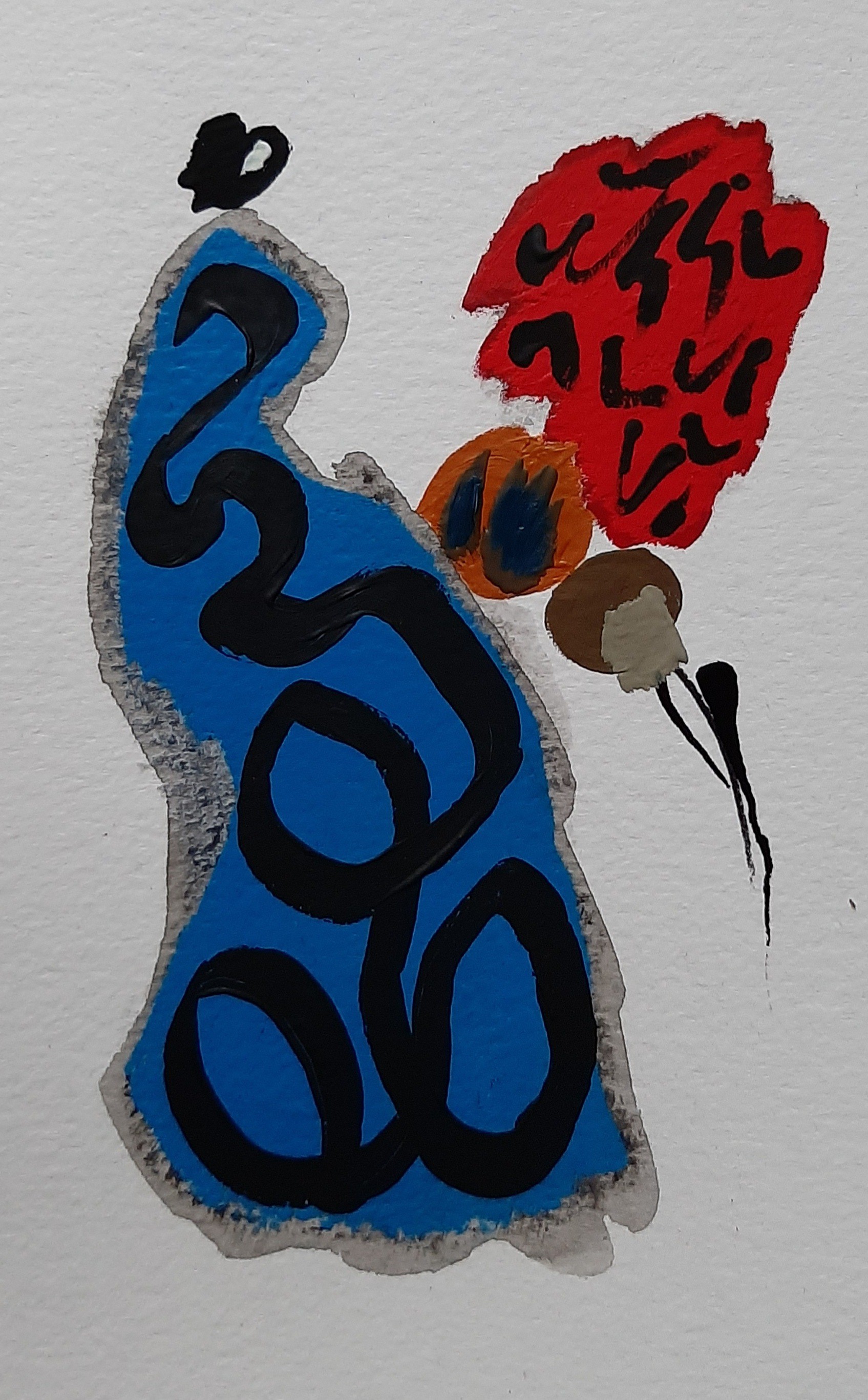 A painting of a woman in a blue dress holding a red flower.
