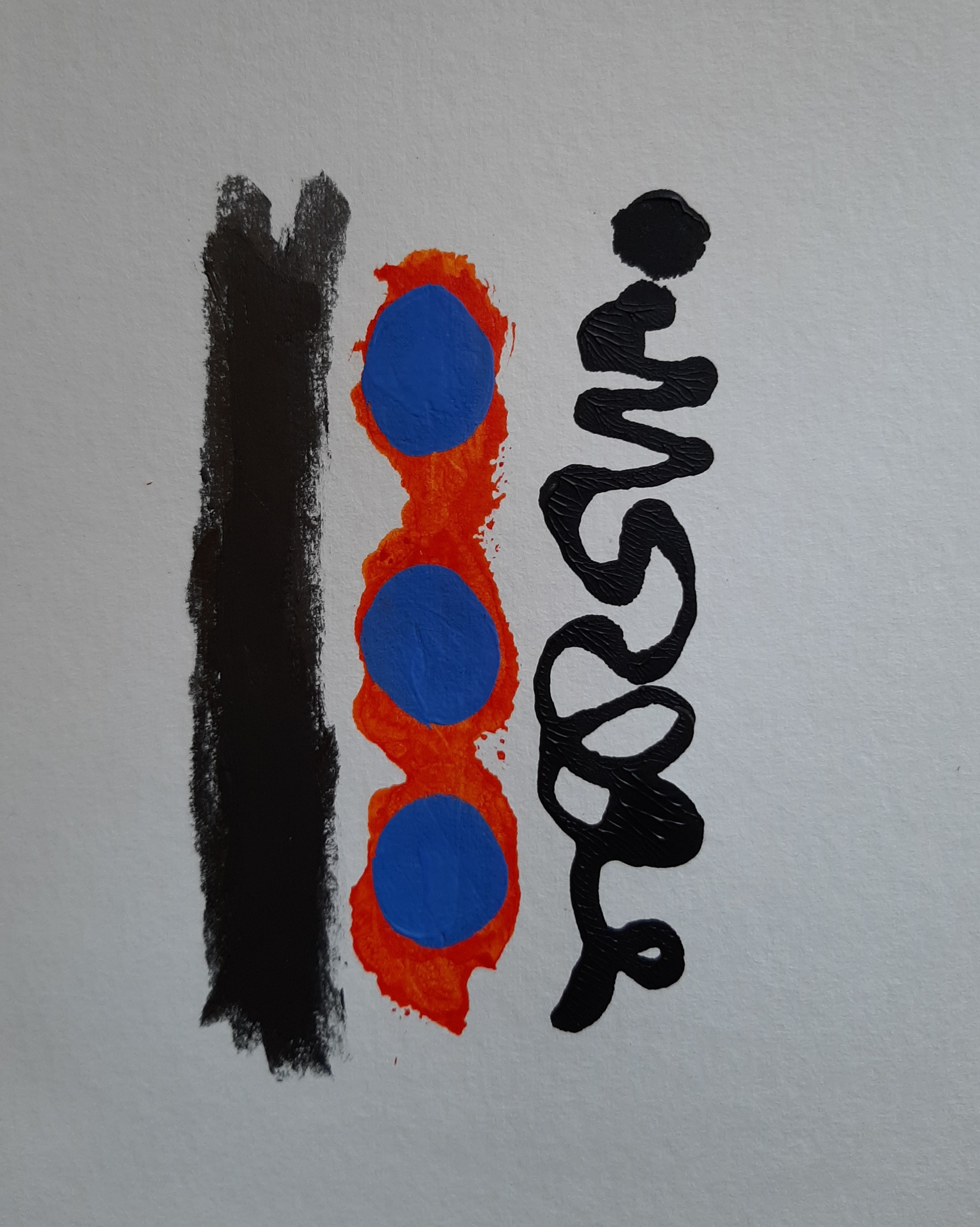 A black and red painting with blue and red circles on it.