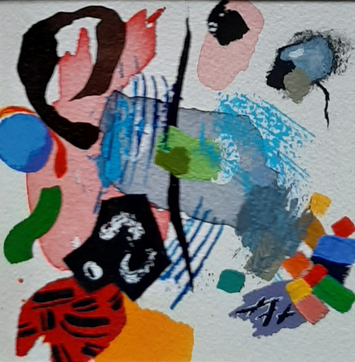 A painting of a colorful abstract painting on a white wall.