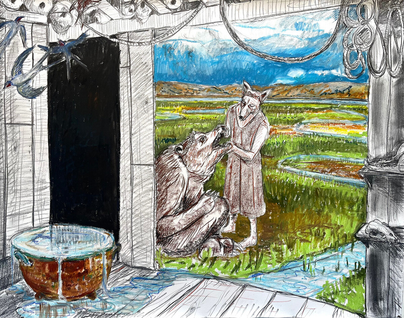A surreal interior scene featuring a glass bowl with dripping liquid, framed by sketchy architectural elements and revealing a vibrant outdoor landscape where two anthropomorphic figures interact.