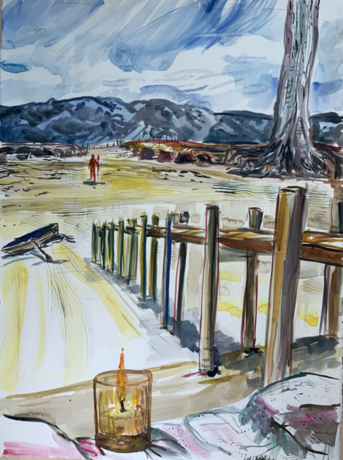 A watercolor seascape featuring a foreground candle, wooden pier, and distant figures against a dramatic sky.