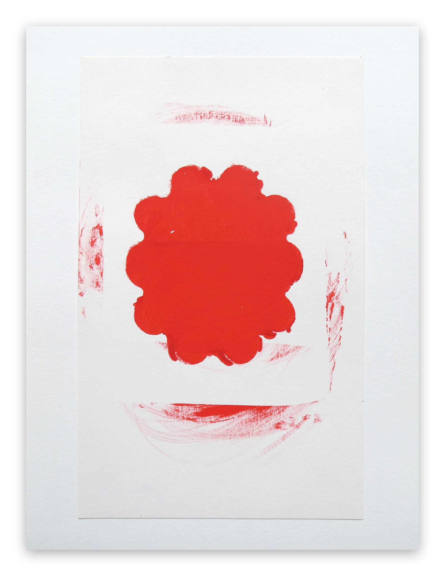 A red and white painting on a white wall.