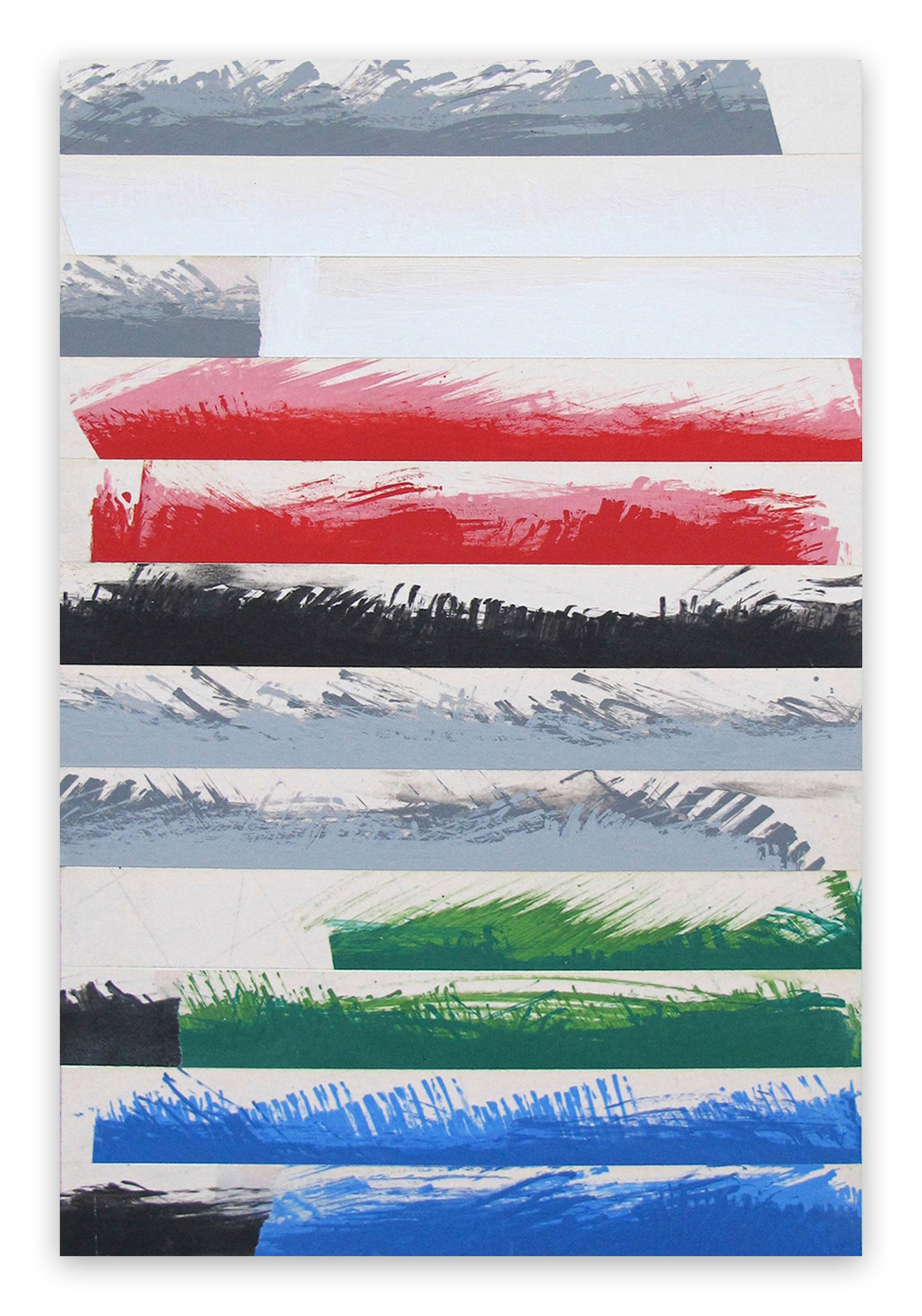 A painting of a red, white, blue, green, and black striped pattern.