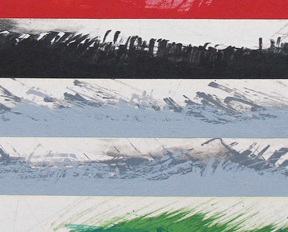 A painting of a red, white, blue, green, and black striped pattern.