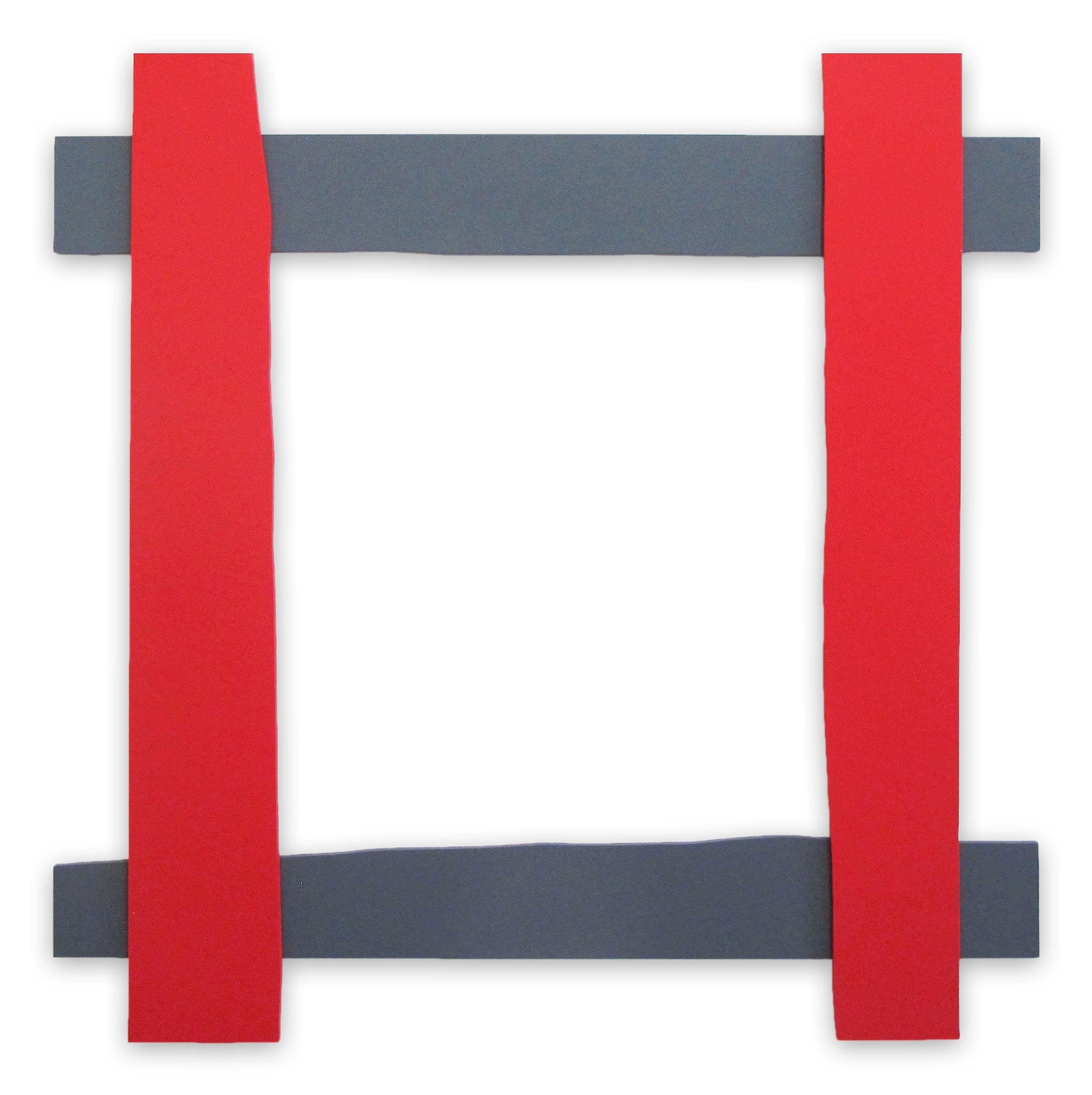 A picture frame with red and gray strips of tape on it.