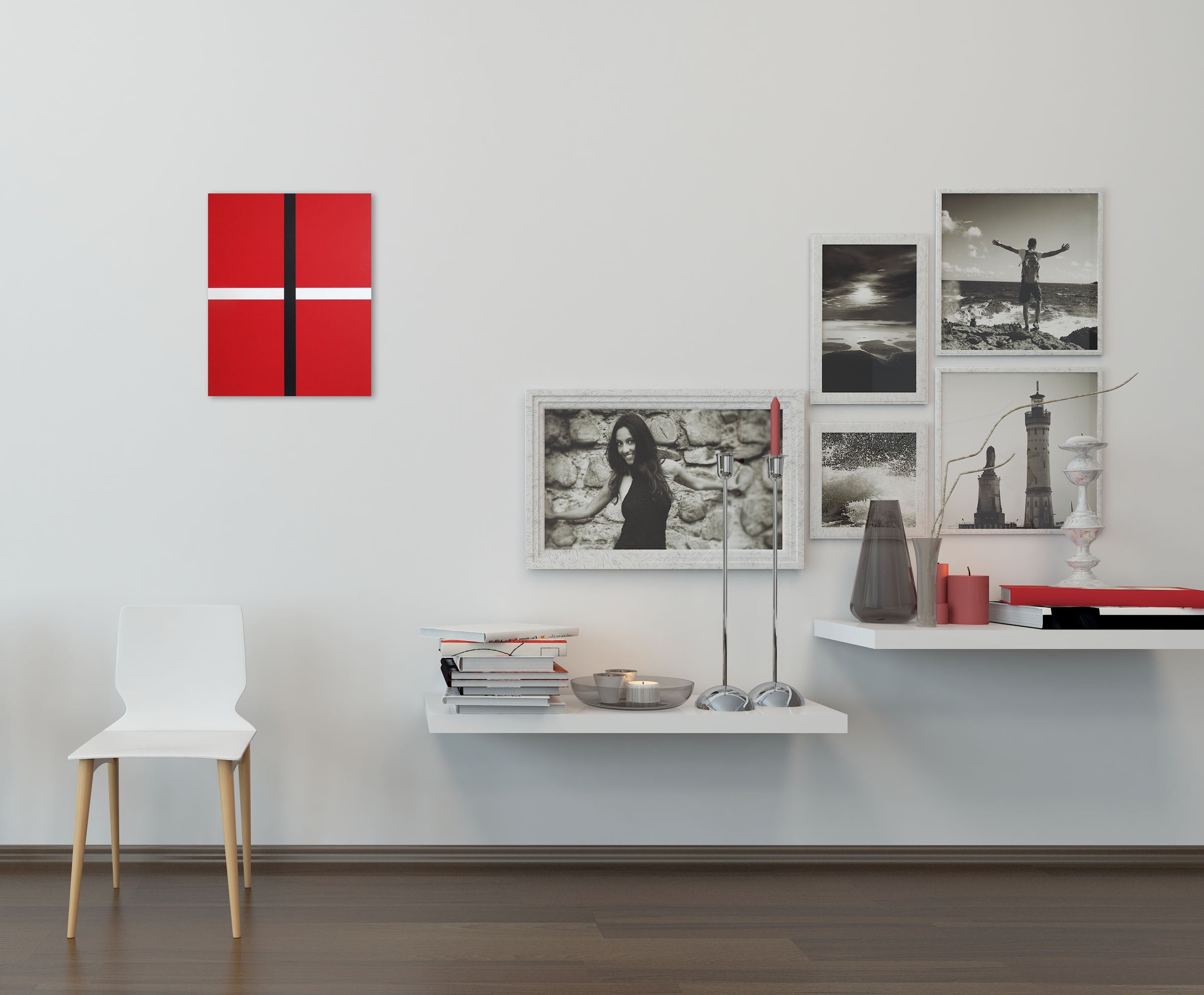 A red and black painting with a white stripe on it.