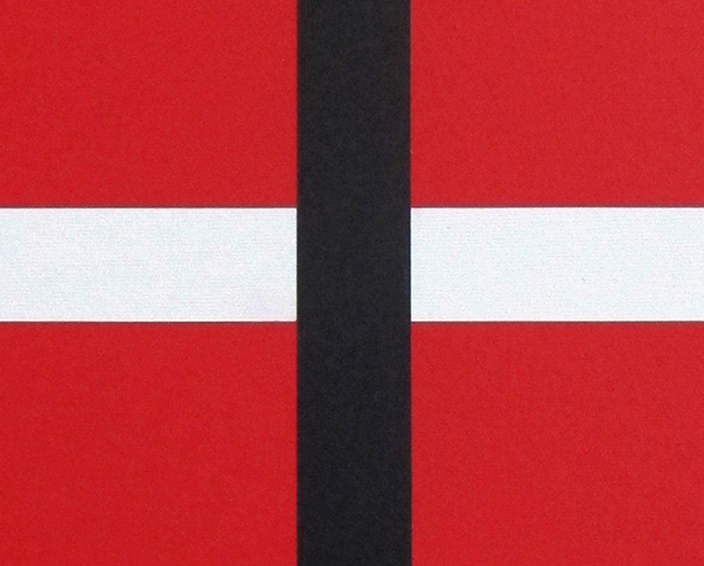 A red and black painting with a white stripe on it.