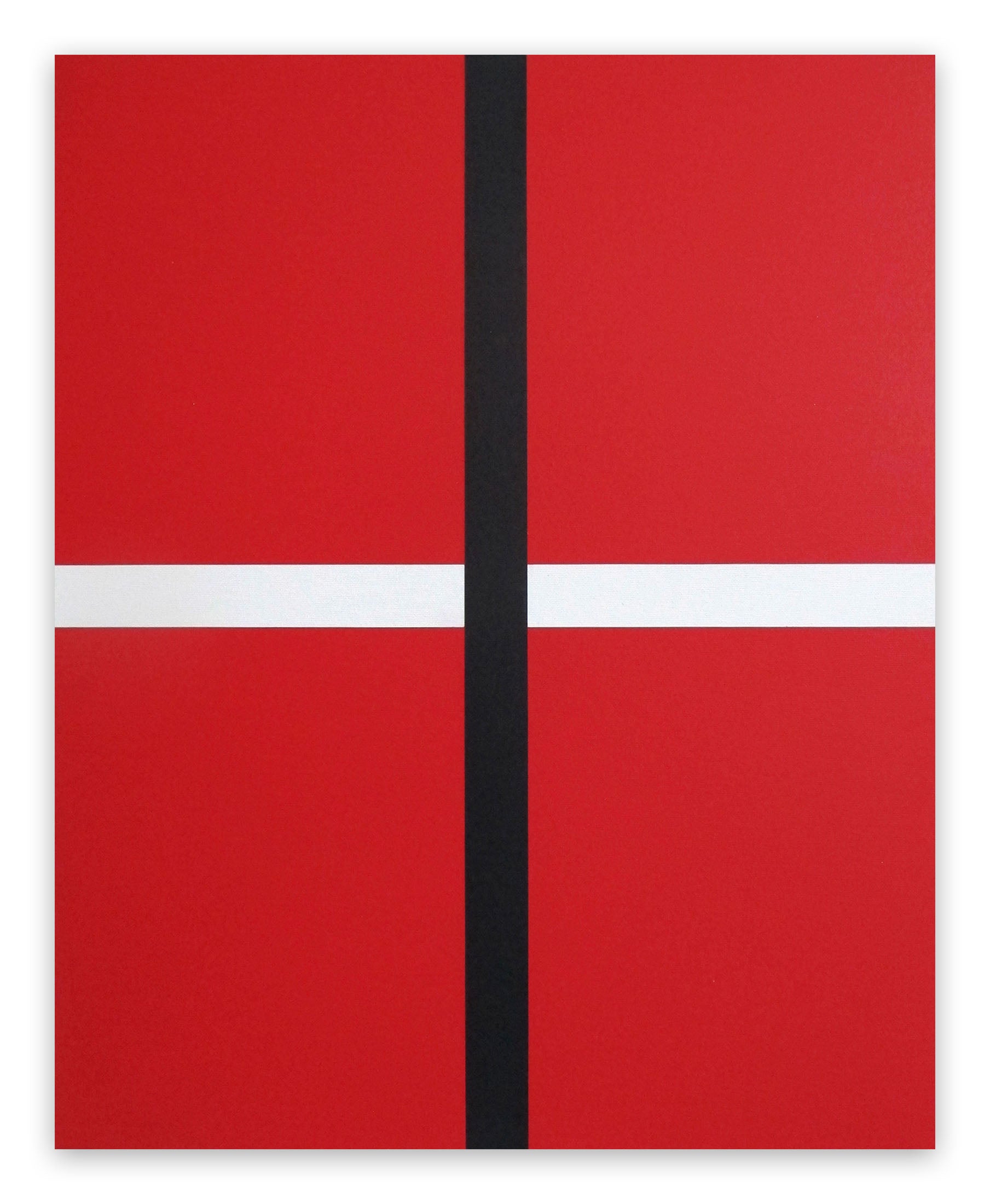A red and black painting with a white stripe on it.