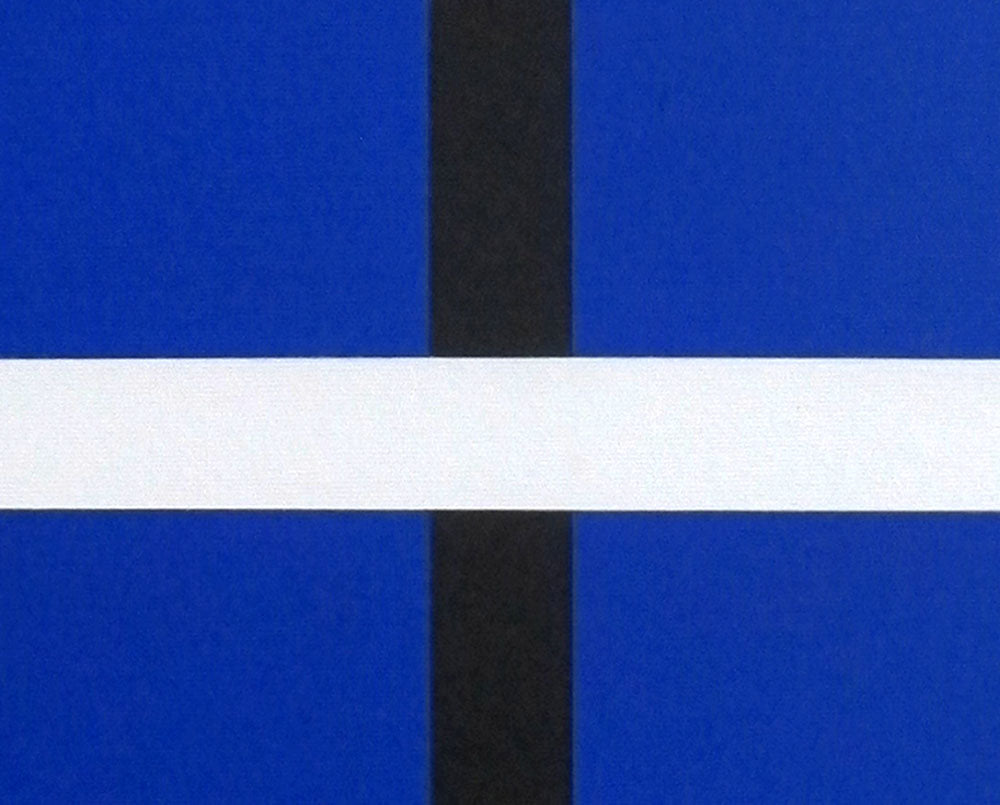 A blue and black painting with a white stripe.