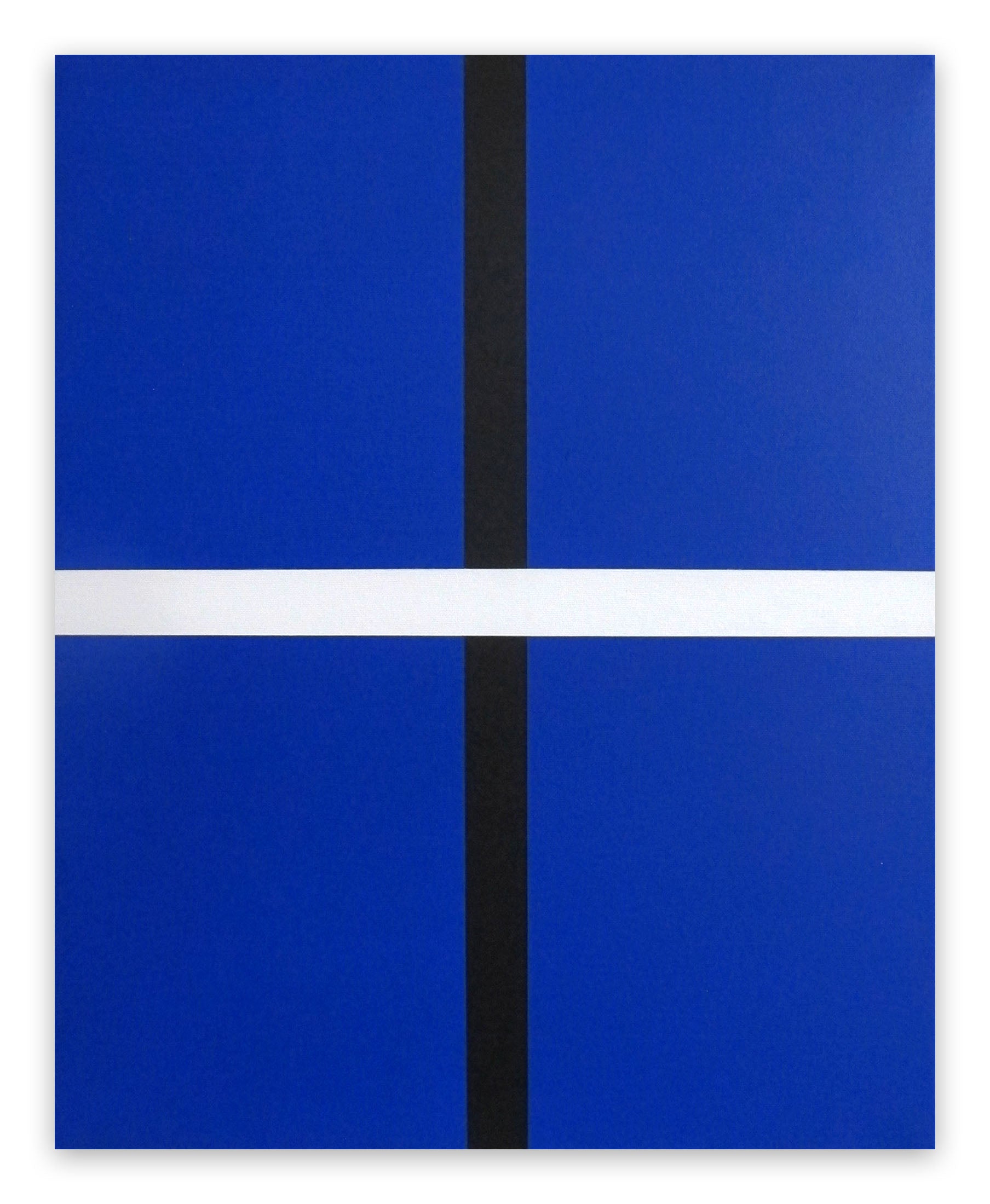 A blue and black painting with a white stripe.
