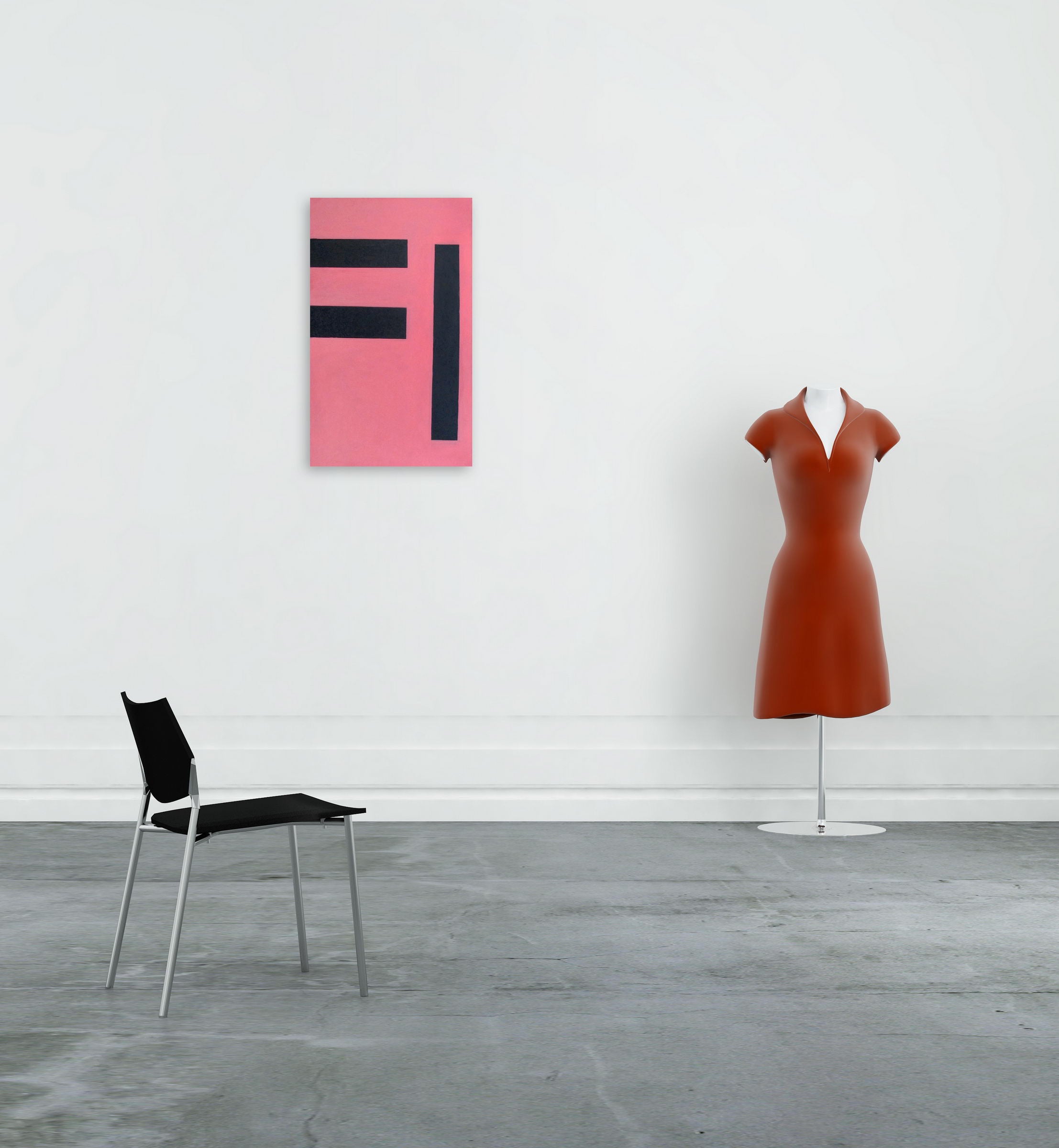 A pink and black painting with the letter E on it.