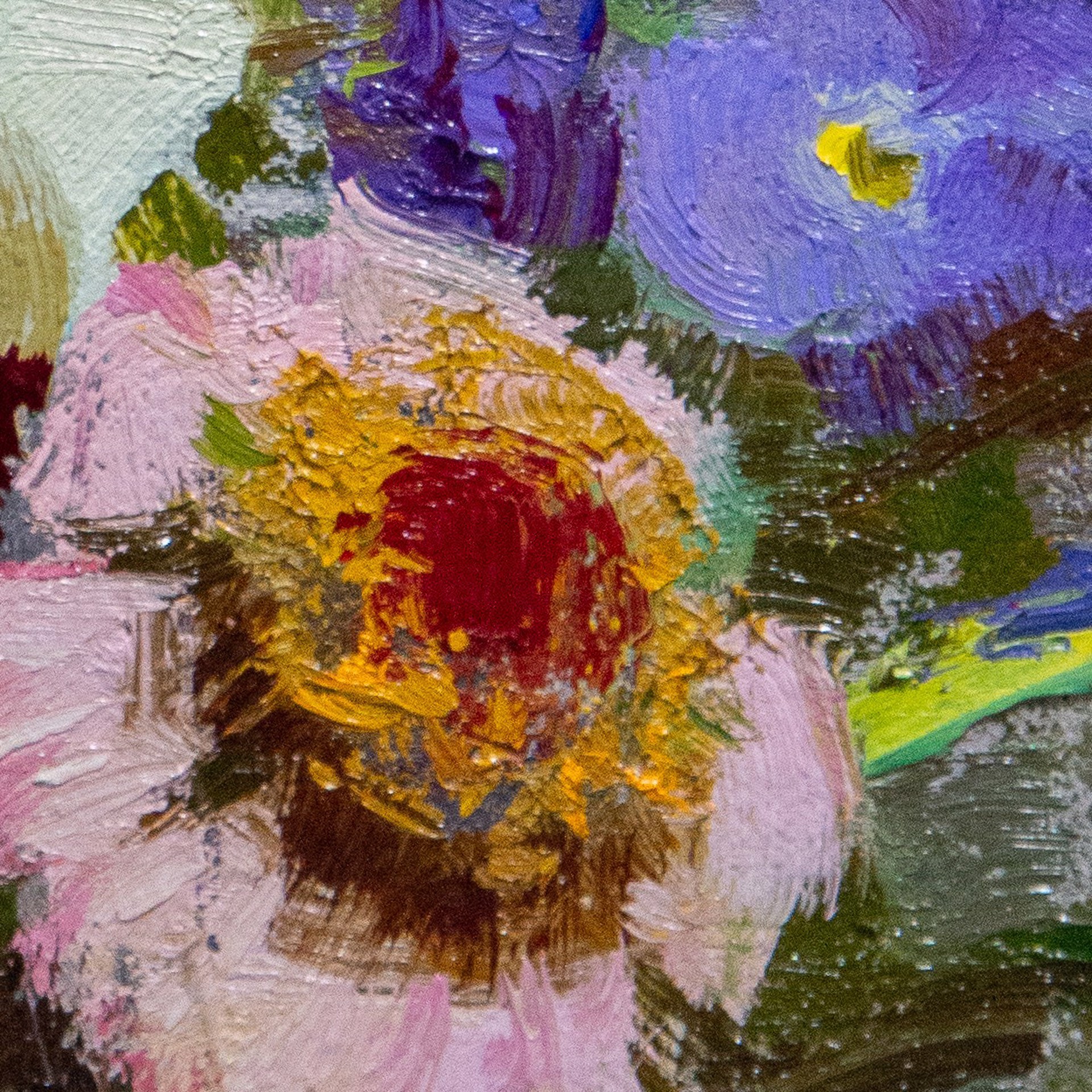 A vibrant floral still life featuring bold, textured brushstrokes and a rich palette of reds, purples, yellows, and whites.