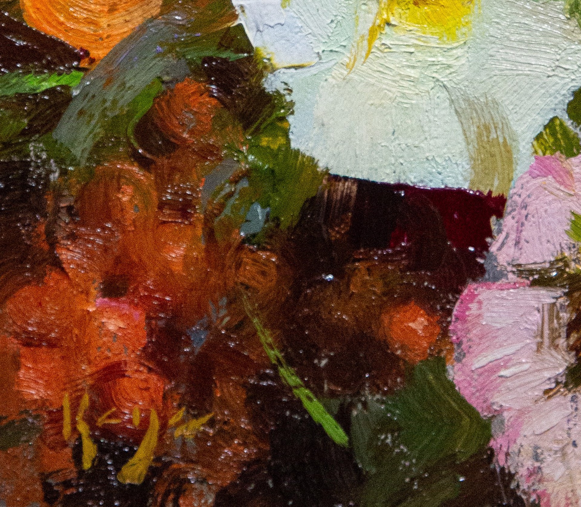 A vibrant floral still life featuring bold, textured brushstrokes and a rich palette of reds, purples, yellows, and whites.