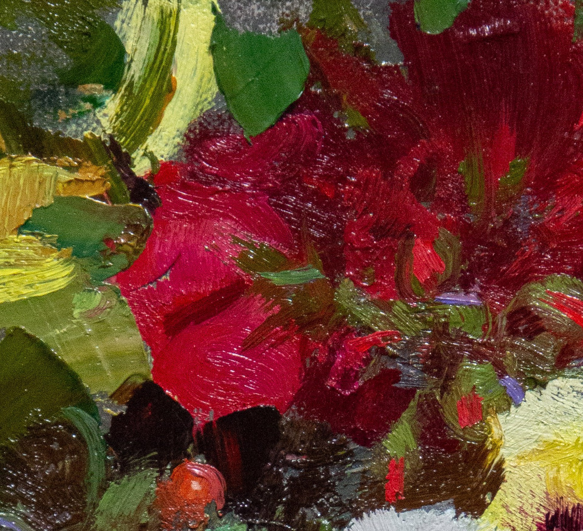 A vibrant floral still life featuring bold, textured brushstrokes and a rich palette of reds, purples, yellows, and whites.