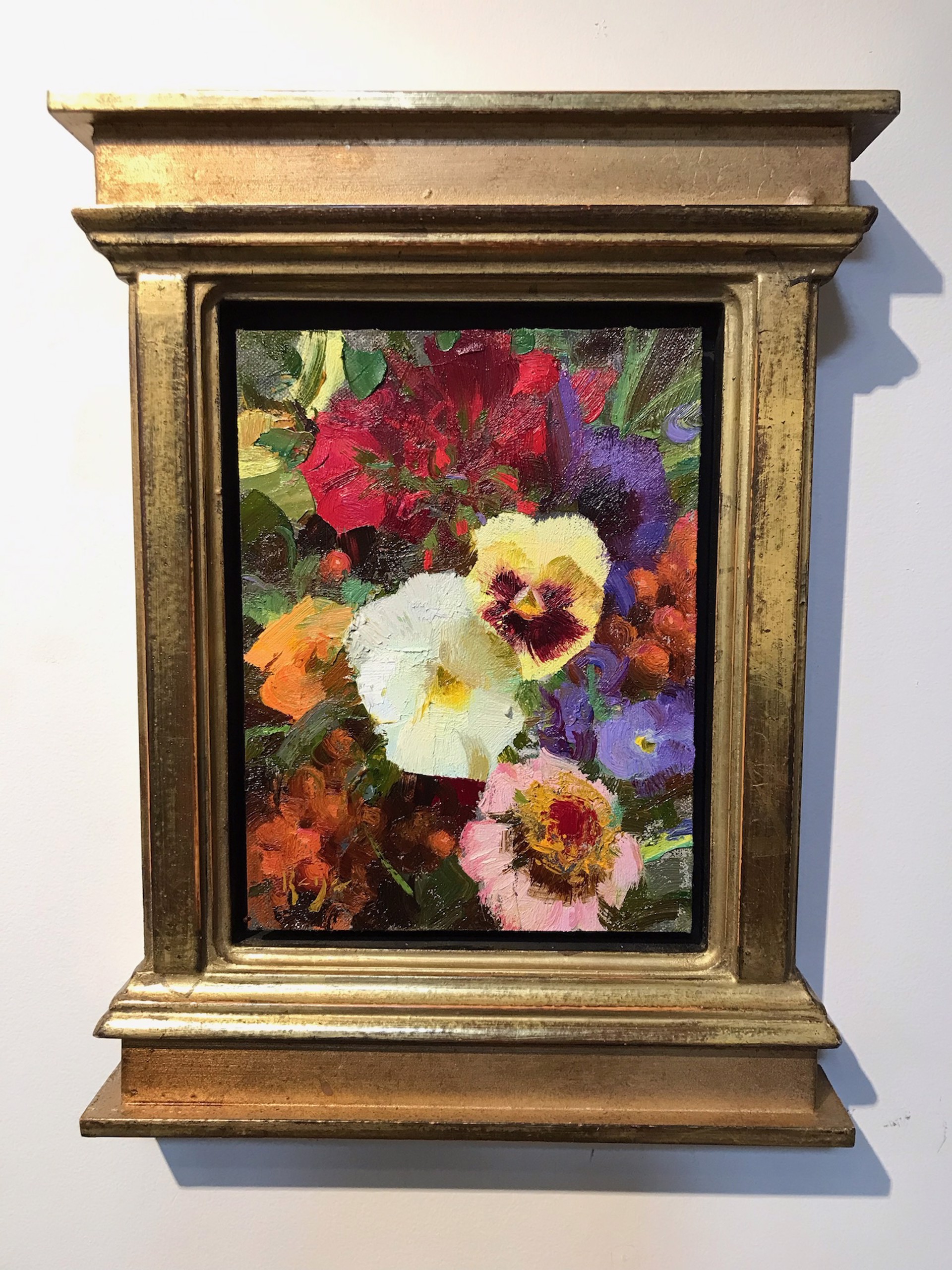 A vibrant floral still life featuring bold, textured brushstrokes and a rich palette of reds, purples, yellows, and whites.