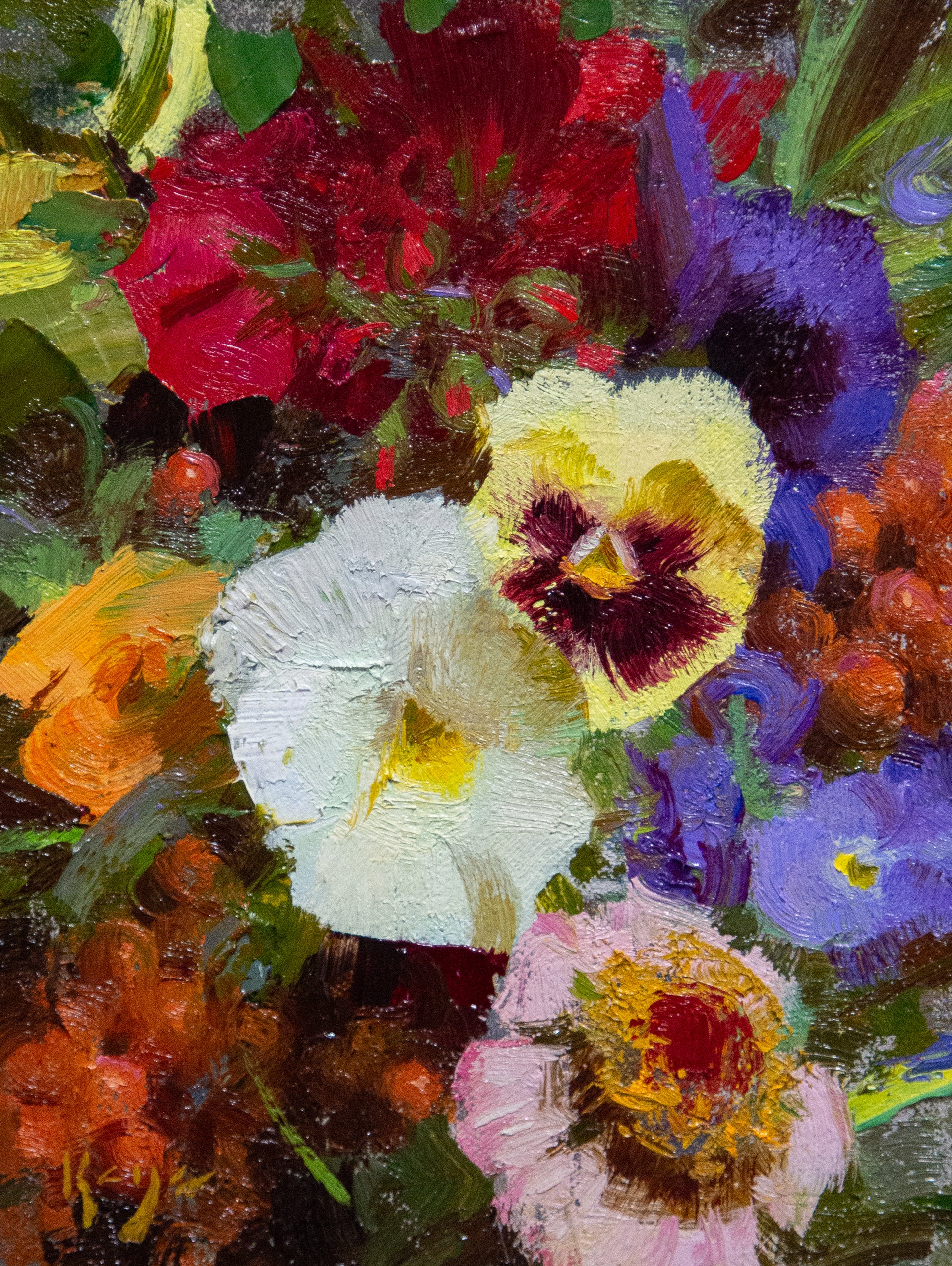 A vibrant floral still life featuring bold, textured brushstrokes and a rich palette of reds, purples, yellows, and whites.
