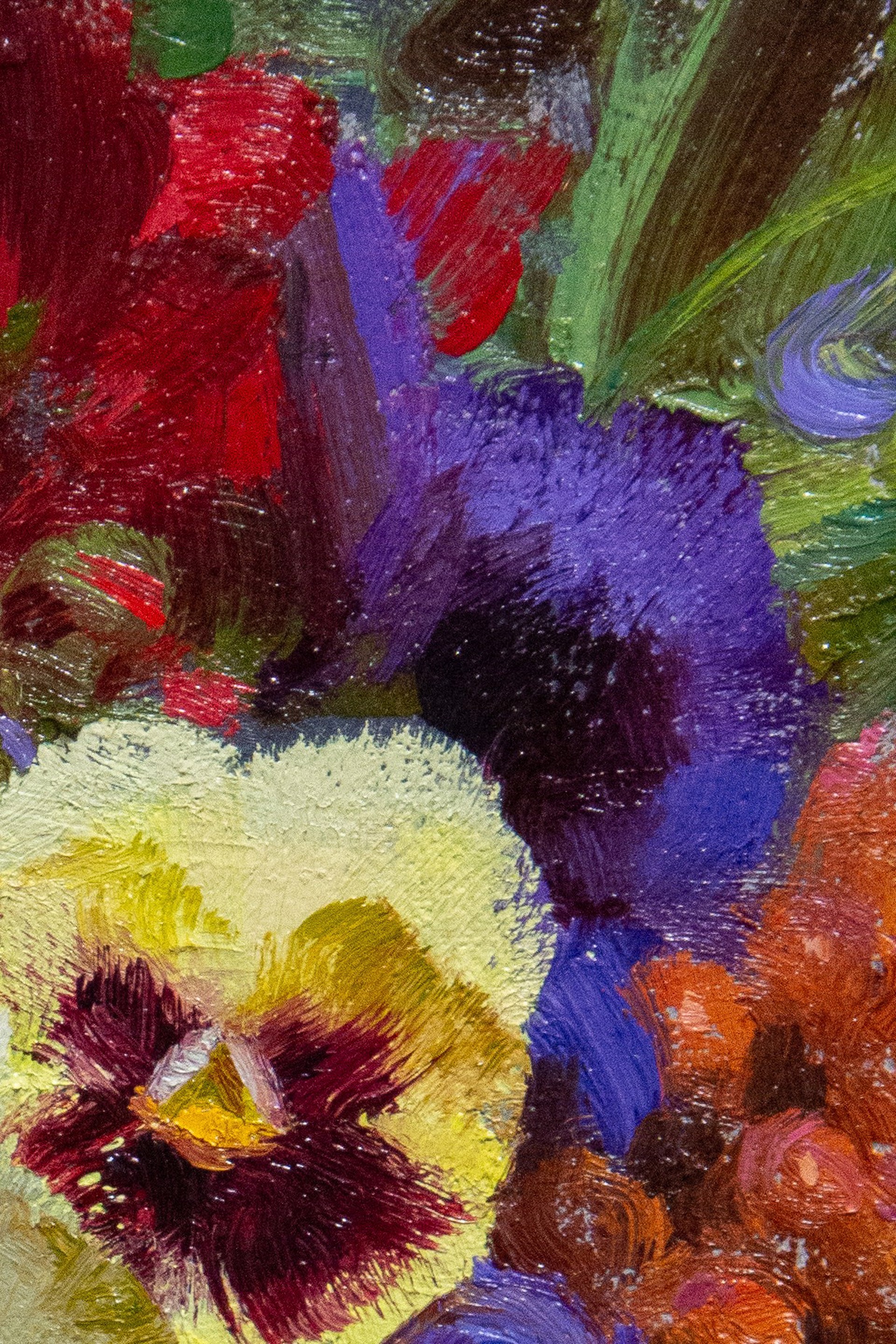 A vibrant floral still life featuring bold, textured brushstrokes and a rich palette of reds, purples, yellows, and whites.