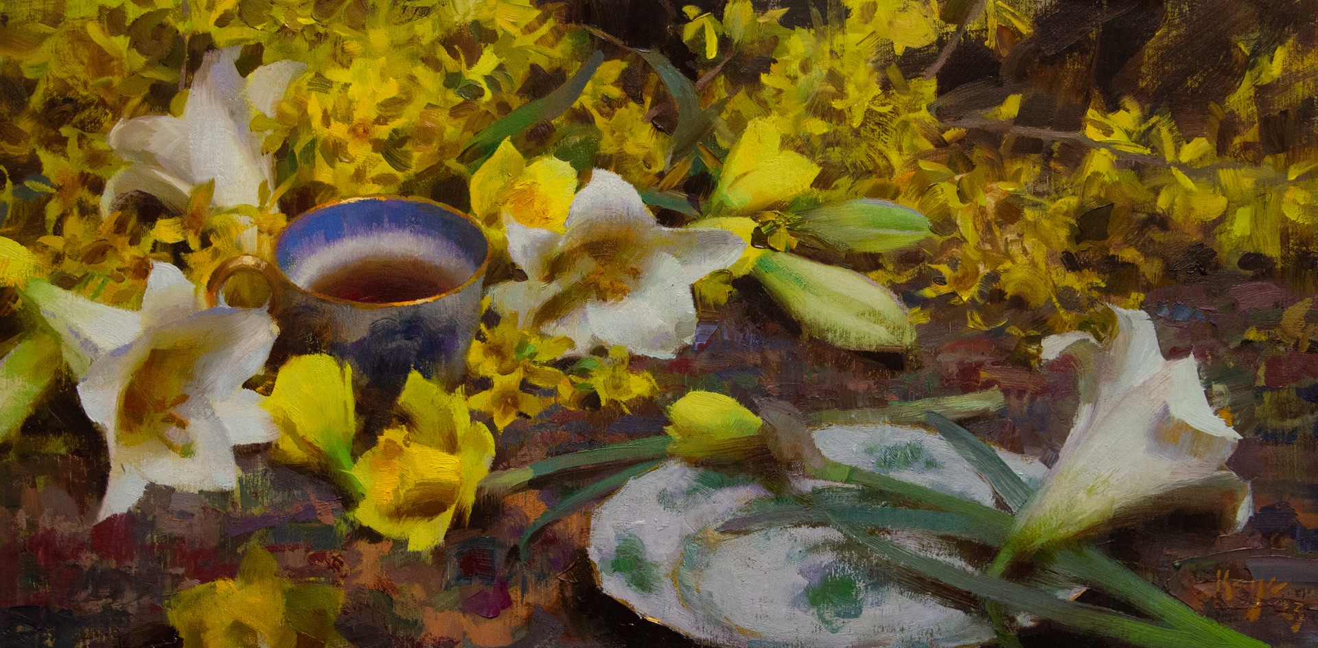 A painting of white flowers and a blue cup on a table.