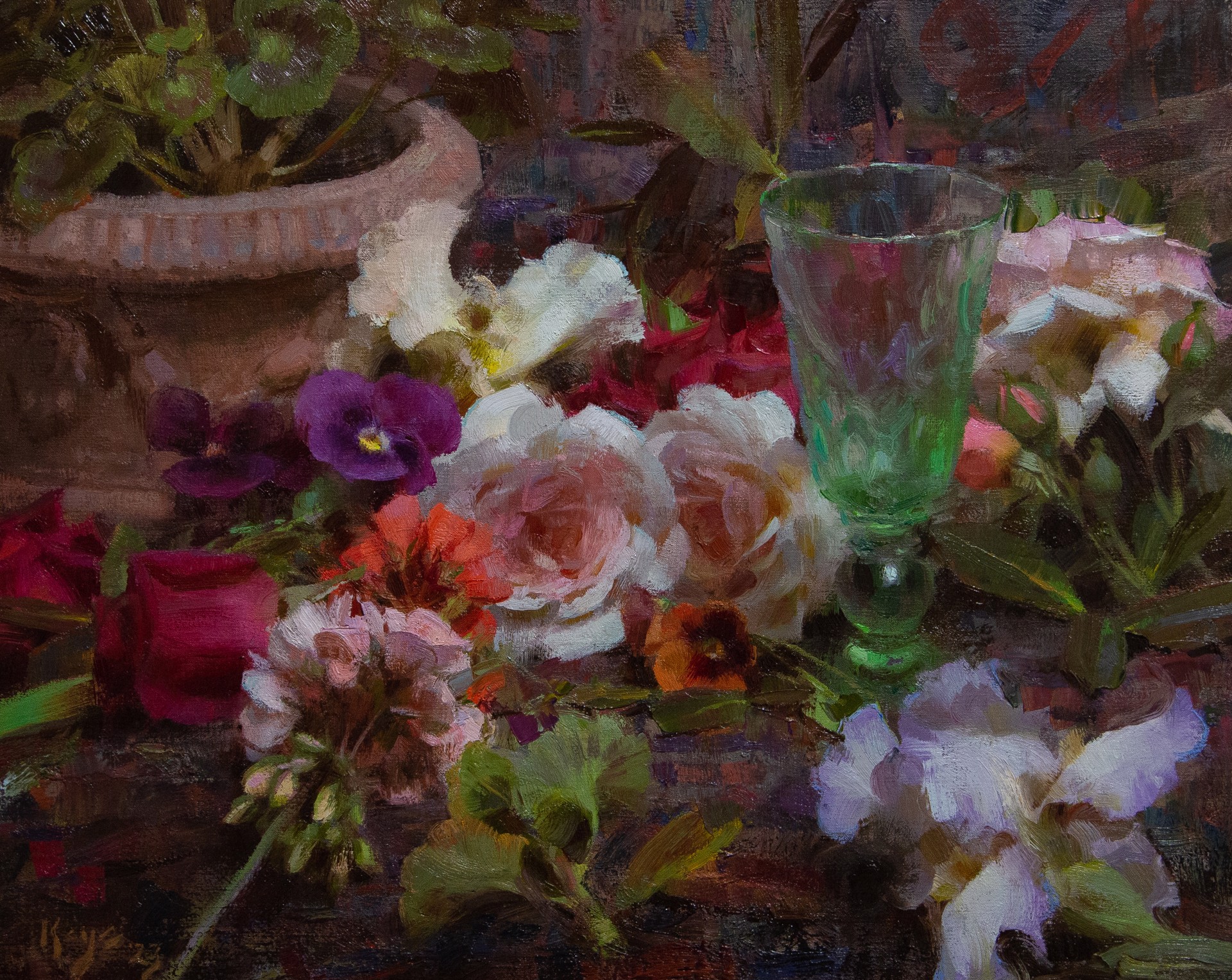 A painting of flowers and a glass on a table.