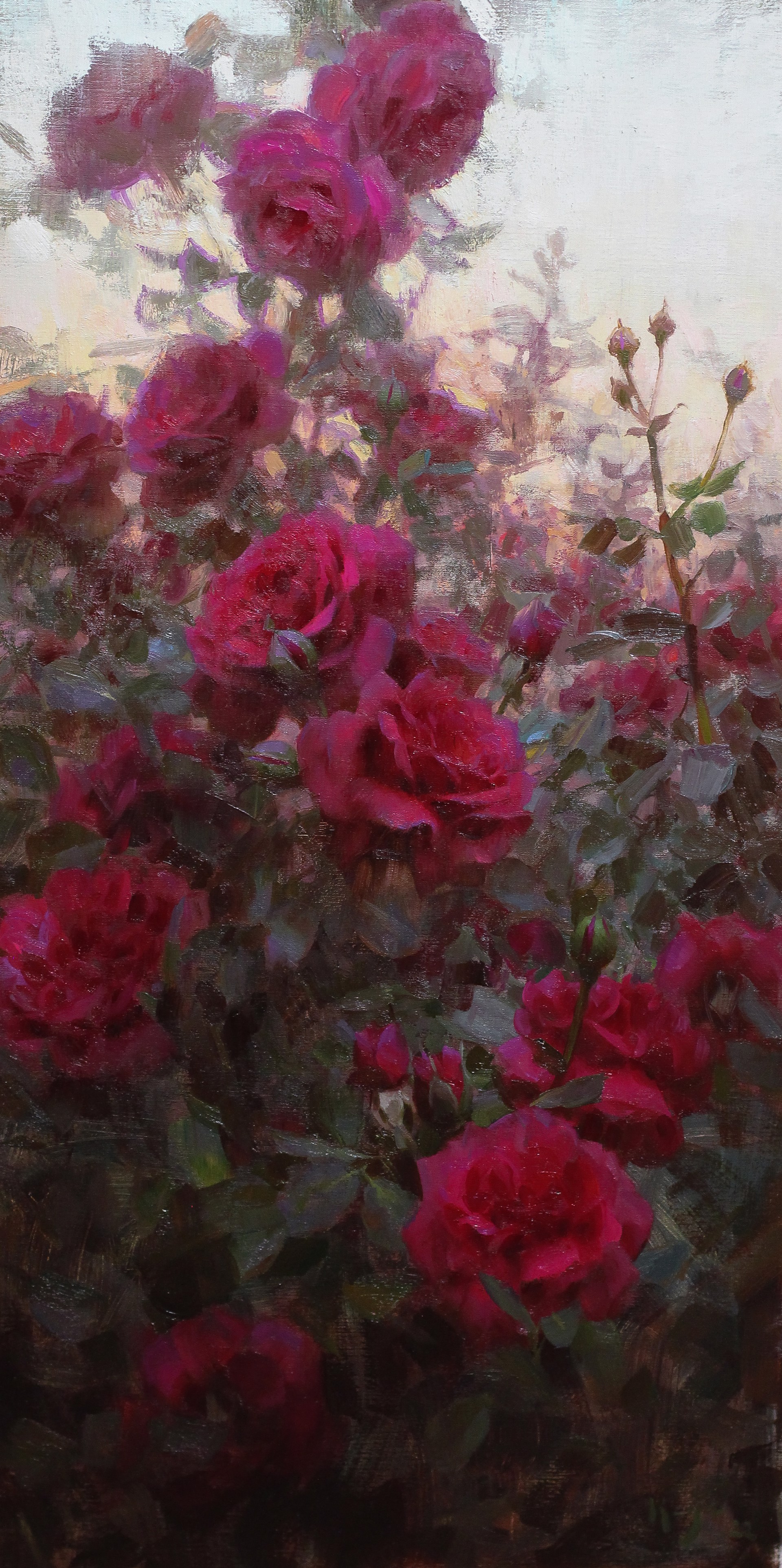 A painting of a bunch of red roses in a field.