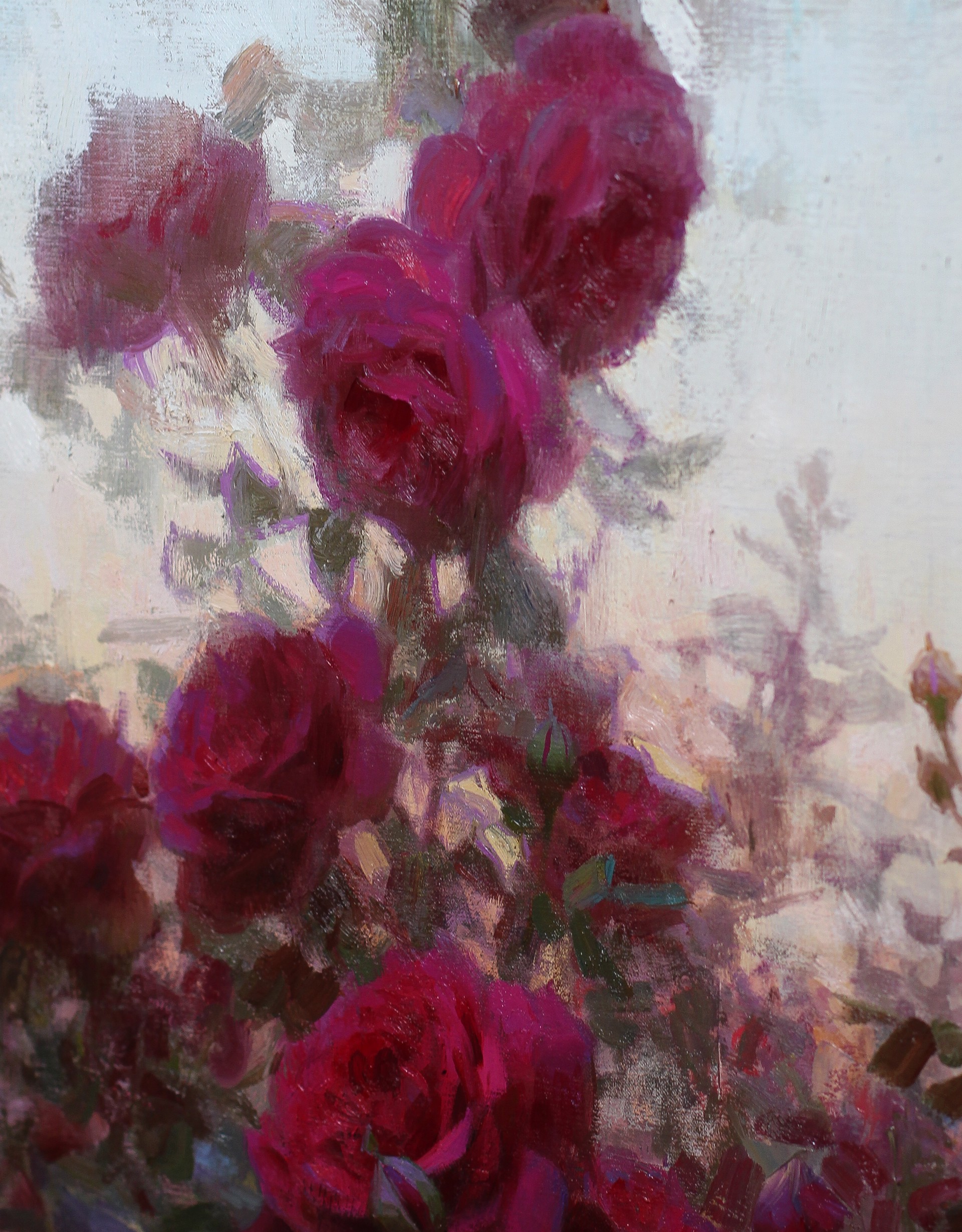 A painting of a bunch of red roses in a field.