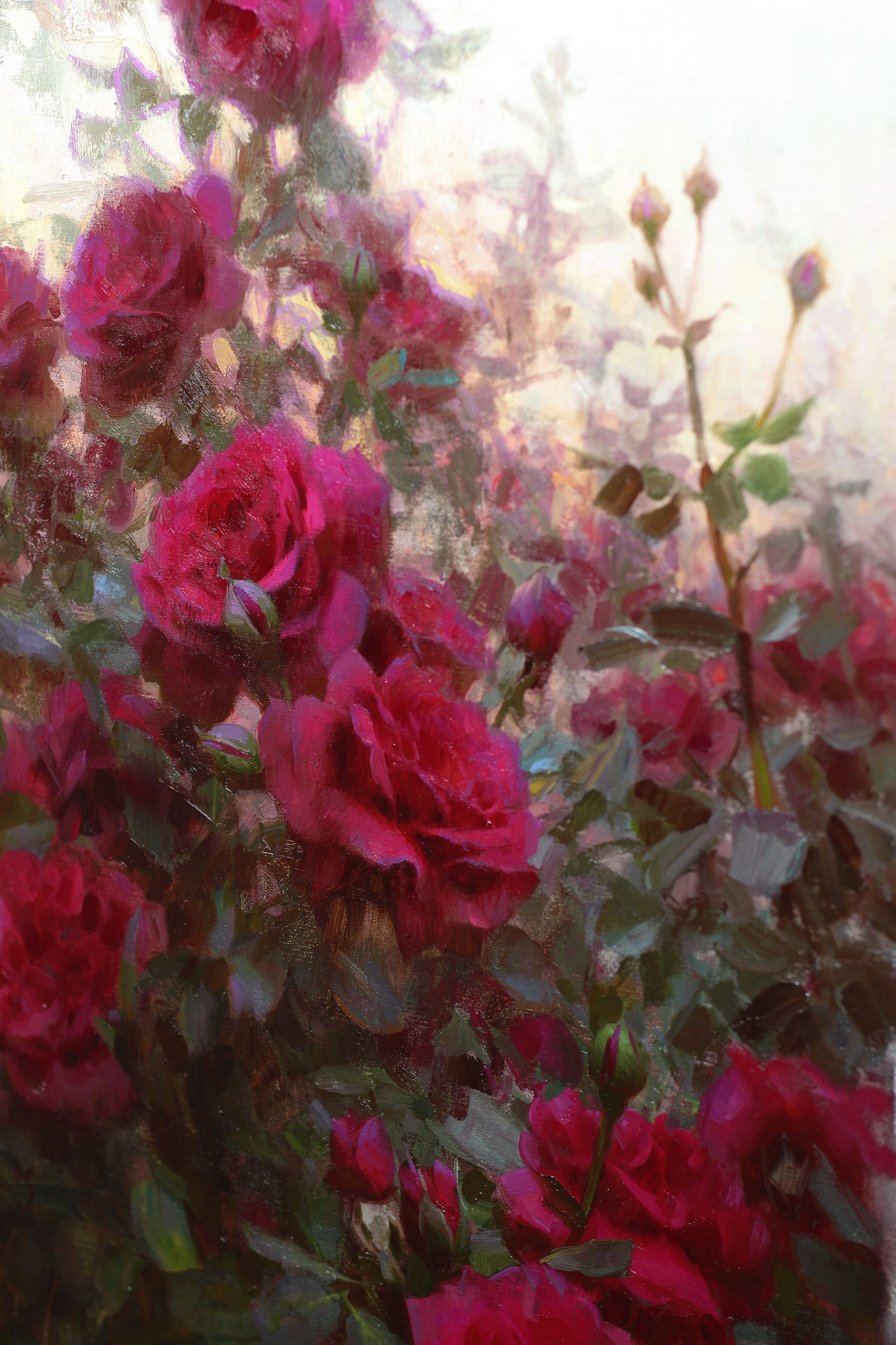 A painting of a bunch of red roses in a field.