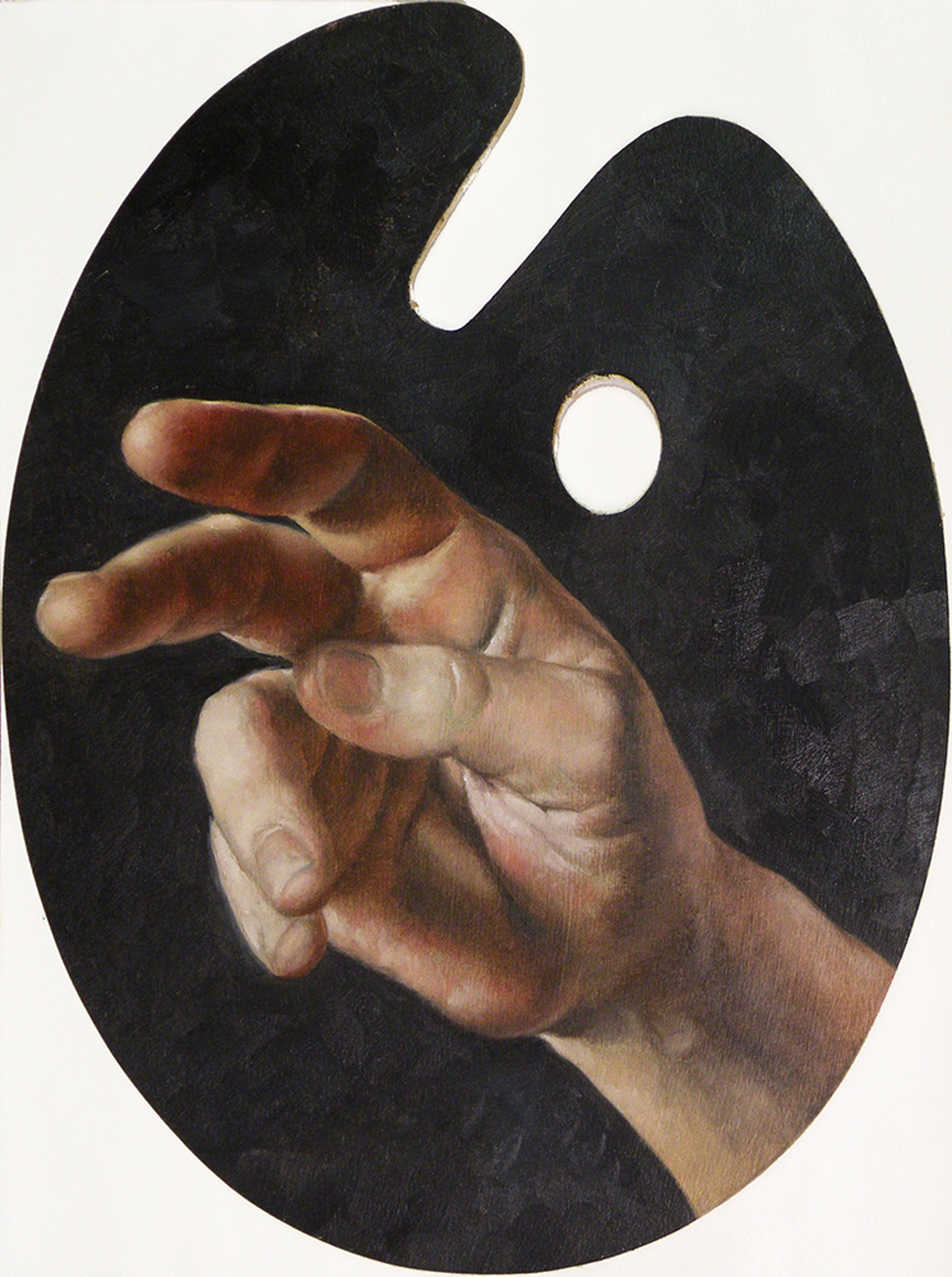 A painting of a hand reaching out to touch something.