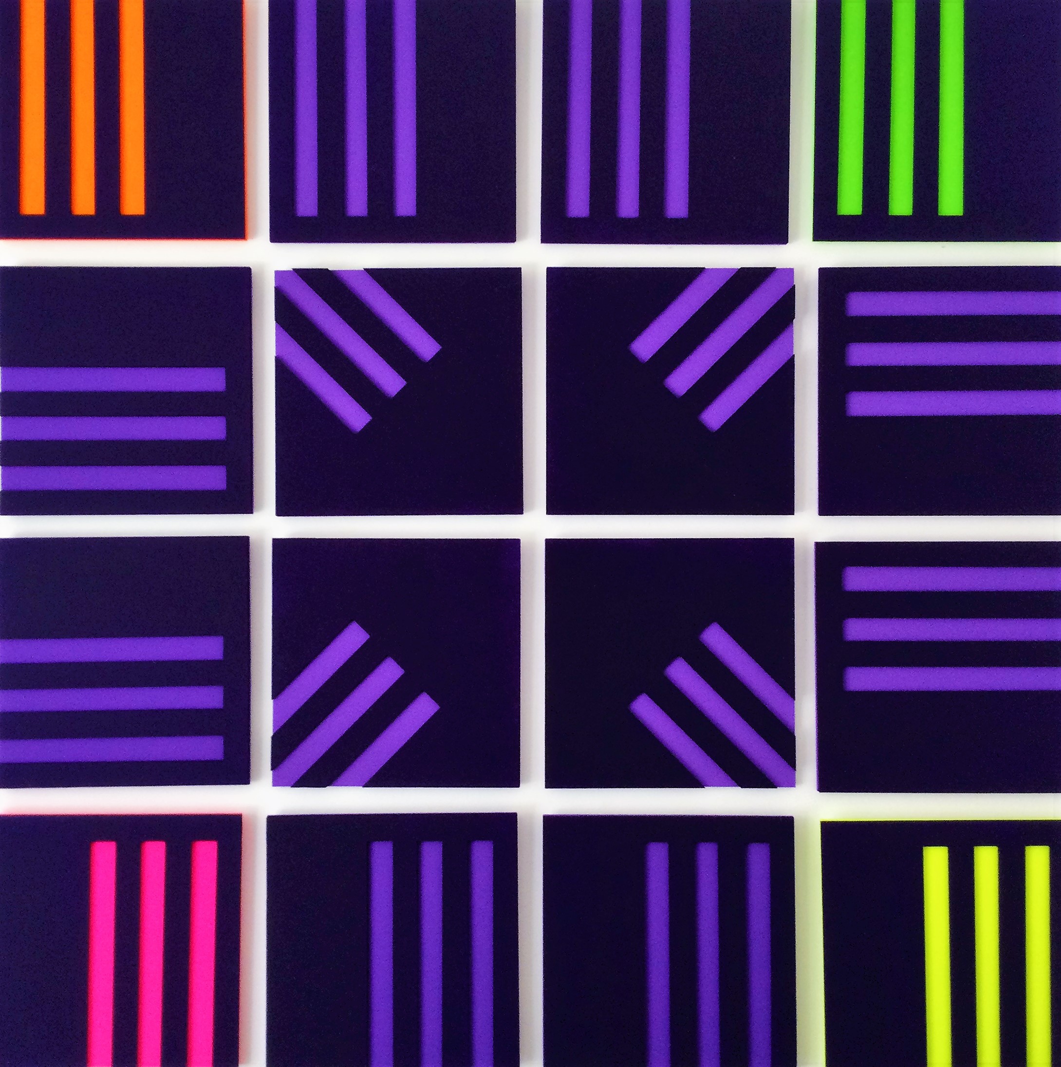 A set of nine squares with different colored lines on them.
