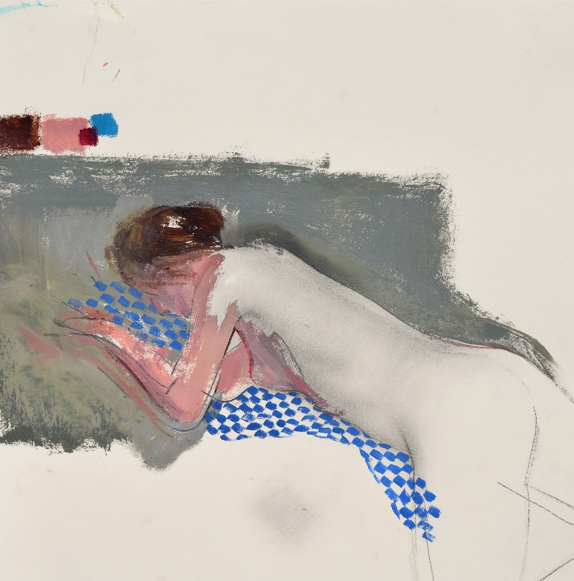 A painting of a woman laying down on a bed.