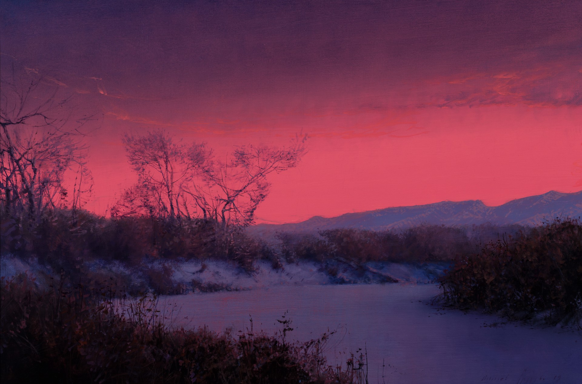 A winter landscape bathed in an intense pink and purple twilight glow.