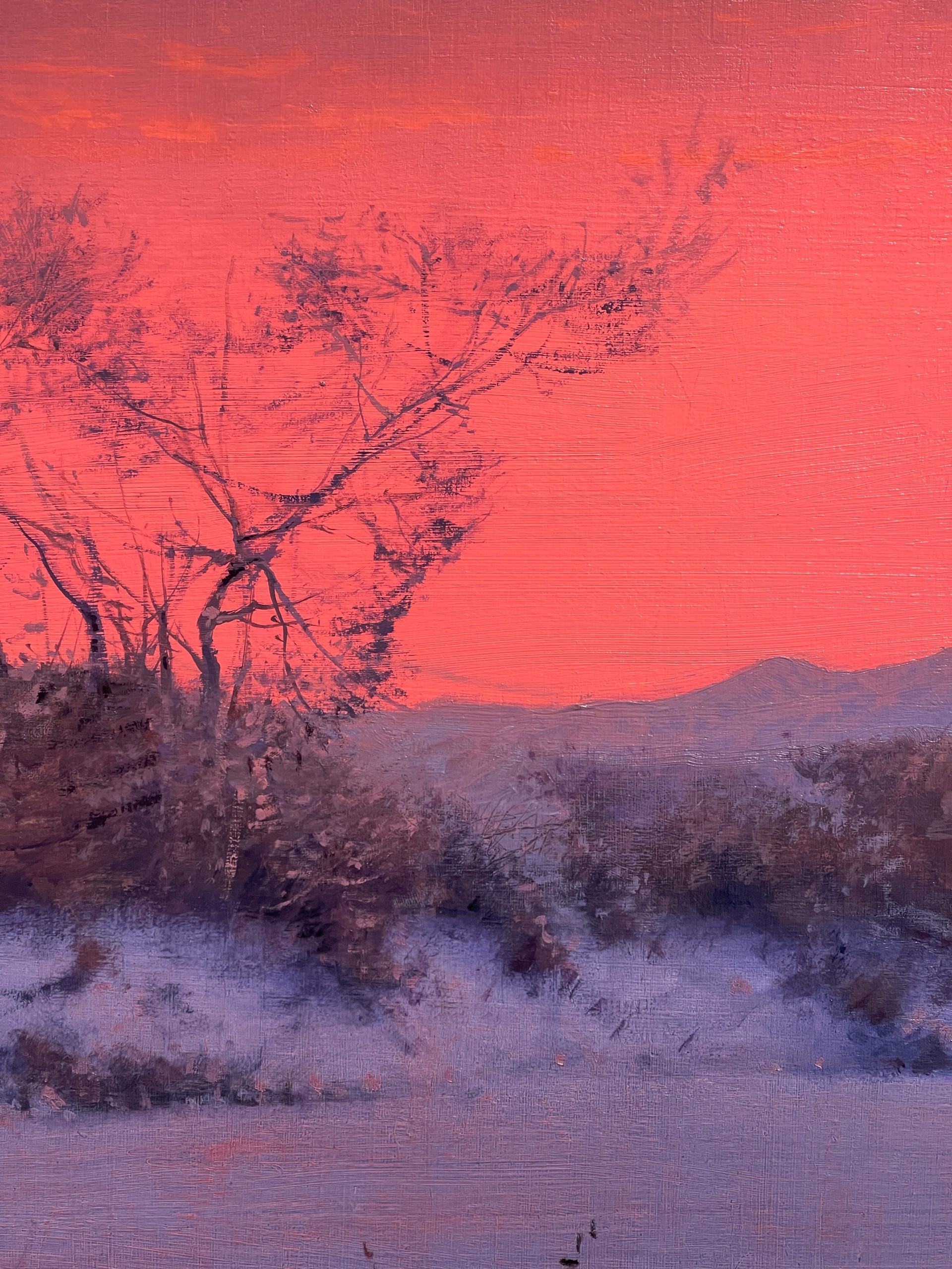 A winter landscape bathed in an intense pink and purple twilight glow.