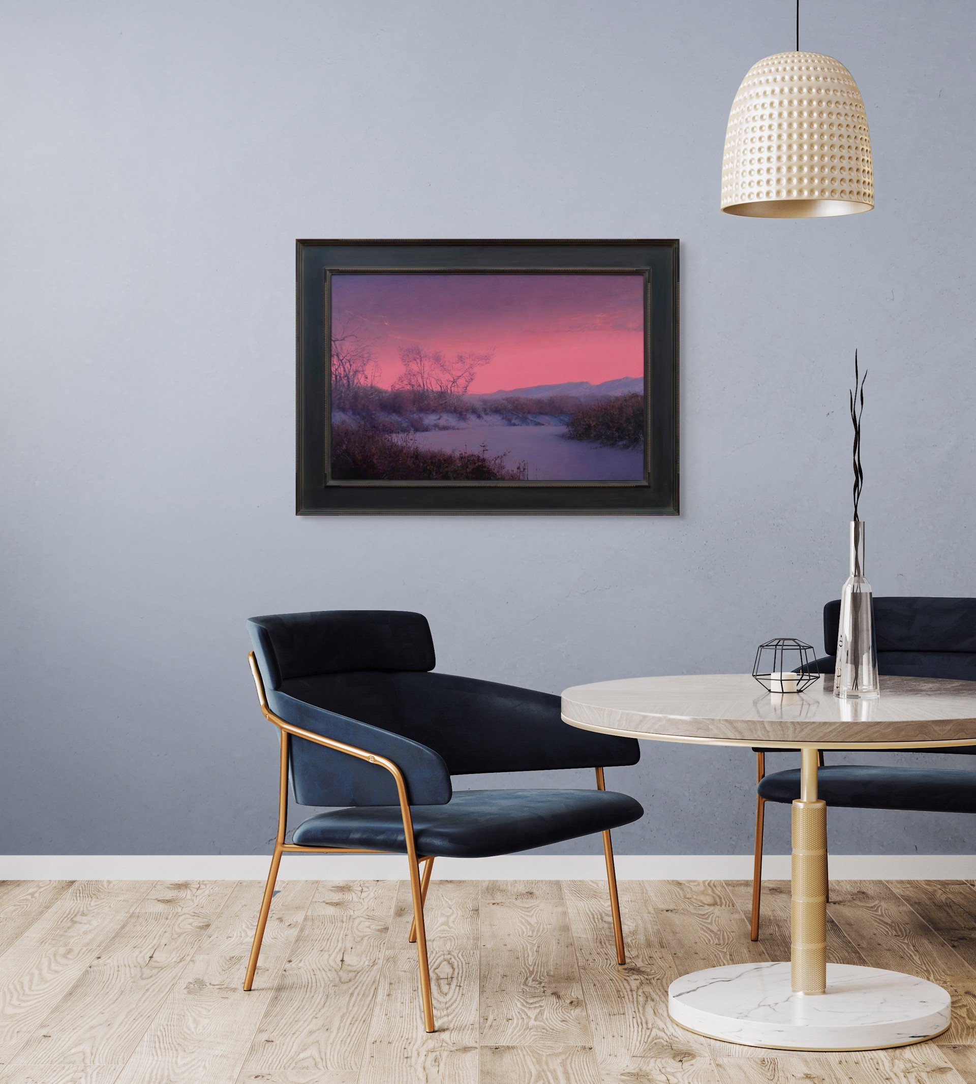 A winter landscape bathed in an intense pink and purple twilight glow.