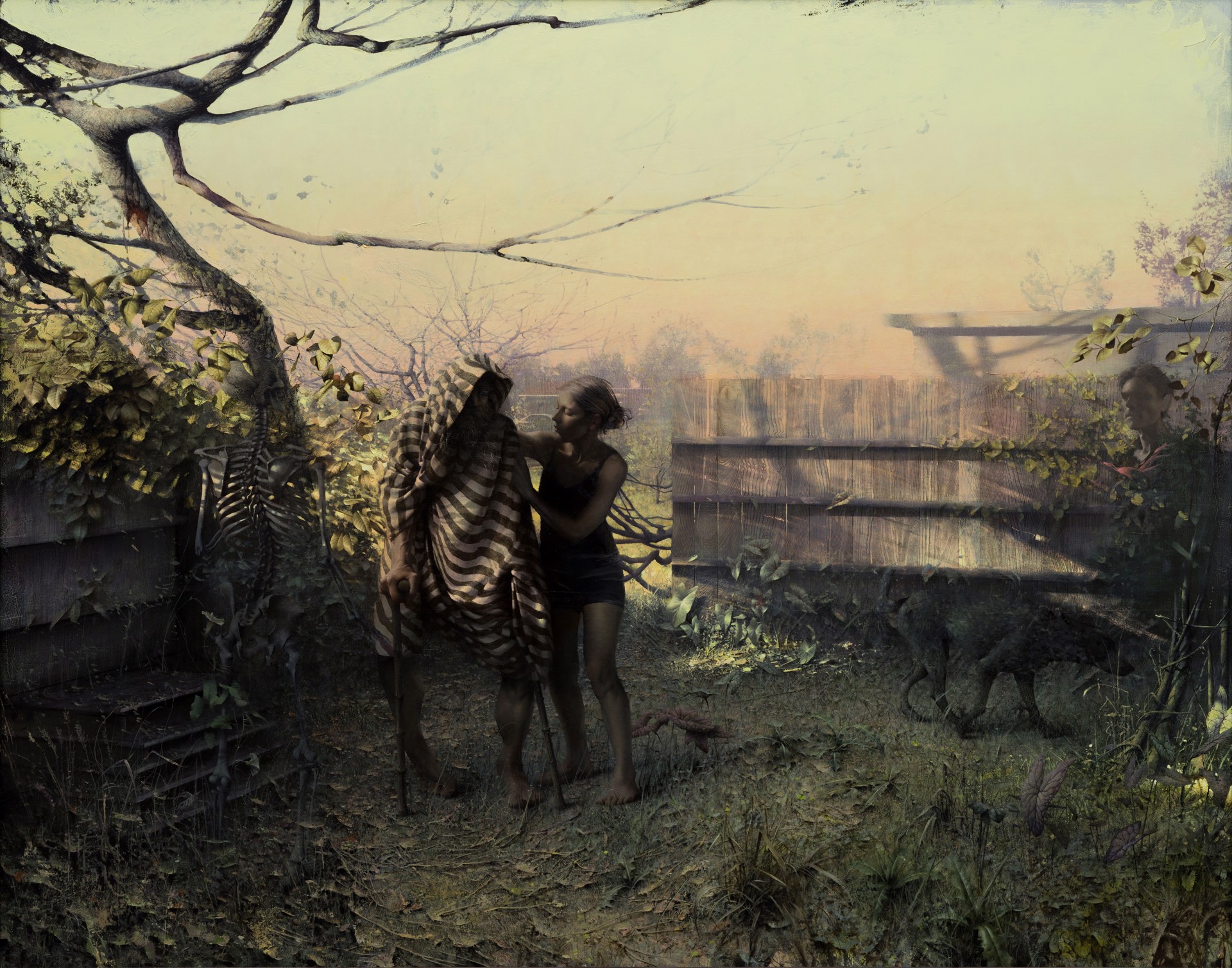 A surreal outdoor scene featuring a figure in a striped hooded cloak, a person in dark clothing, and a skeletal figure.